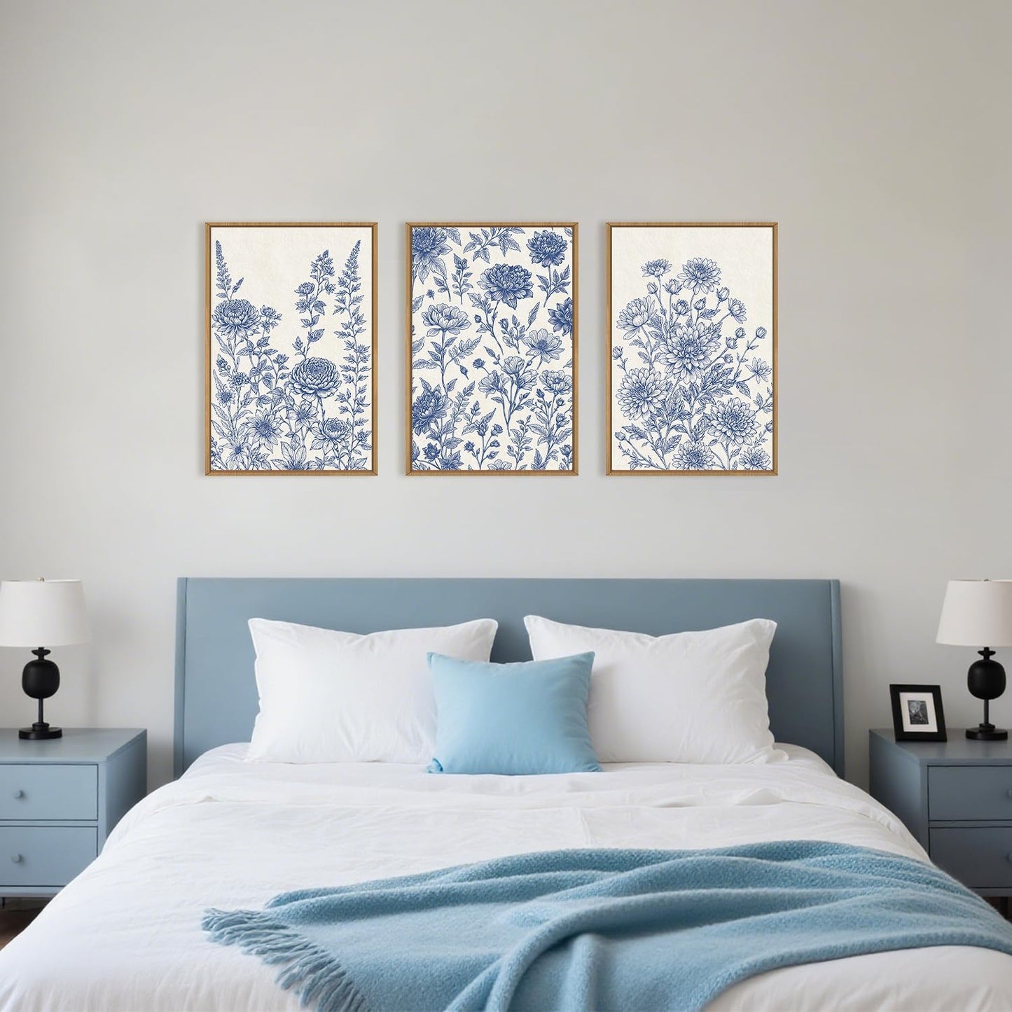 Classic Chinoiserie Floral Framed Canvas Wall Art Set, Blue and White Flower Wall Decor, Navy Watercolor Wall Painting, Minimalist Wildflower Art Print for Living Room, Bedroom - 24"x36"×3
