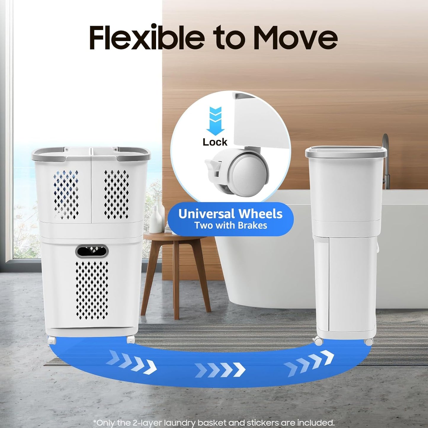 Movable Household Laundry Basket,2 Tier Laundry Hamper Basket Sorter with Wheels&Handle,Large Hand-Held Laundry Basket Clothes Storage Organizer for Bathrooms Bedrooms