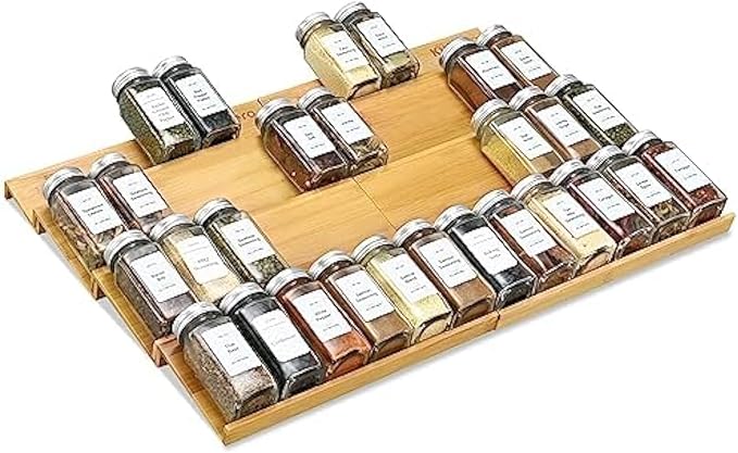 Spice Drawer Organzier,4 Tiers- 8Pcs Bamboo Spice Rack Tray Insert for Cabinet Drawer Countertop, Kitchen Seasoning Storage Drawer Organization,22" Wide x 15.8" Deep （Hold UP To 48 Jars