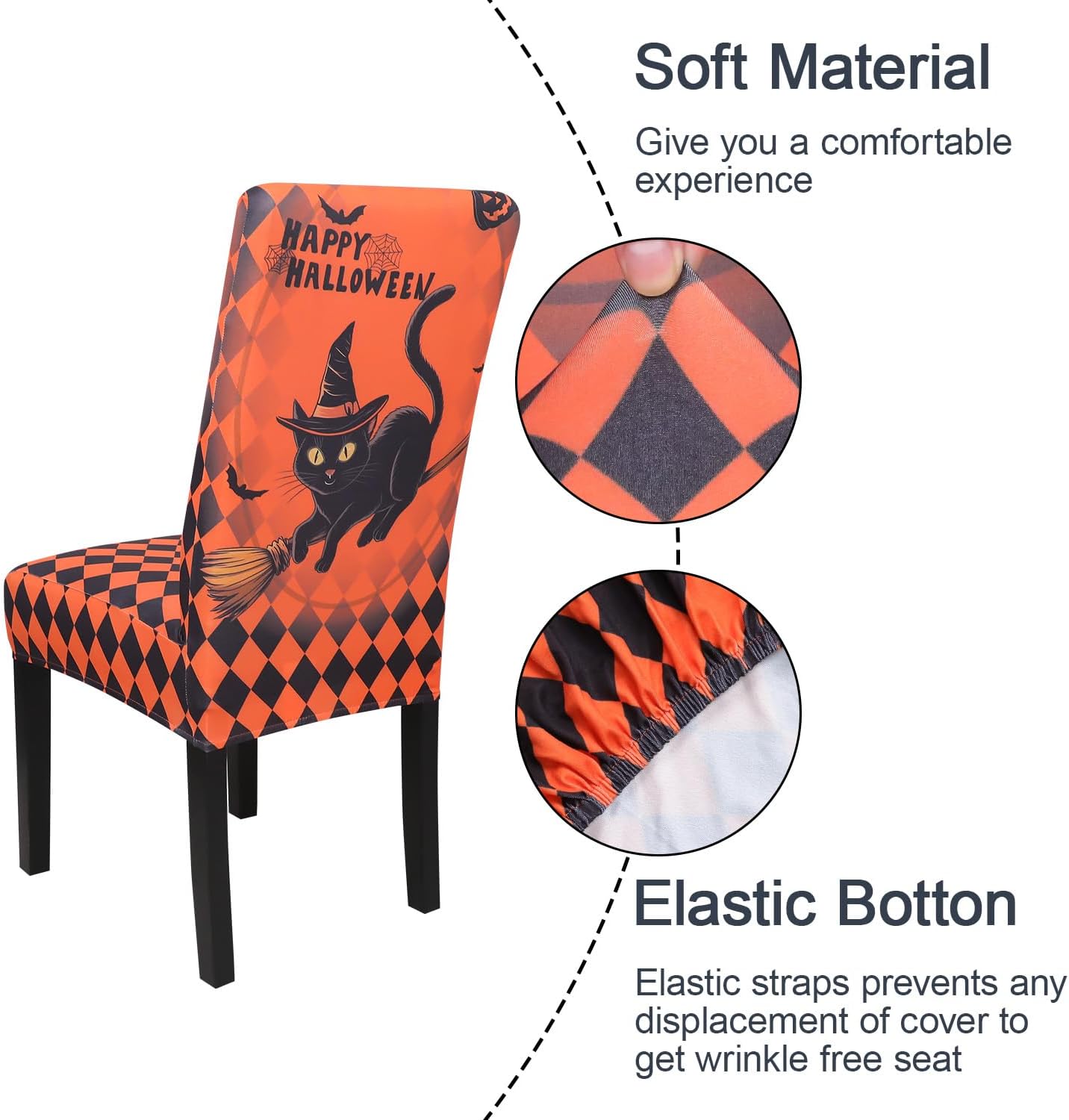 JQinHome Orange Halloween Chair Slipcover,Cat Chair Covers Set of 4, High Stretch Washable Chair Protector Cover for Dining Room, Kitchen,Home Party,Wedding Ceremony(Cat Orange,4PC)