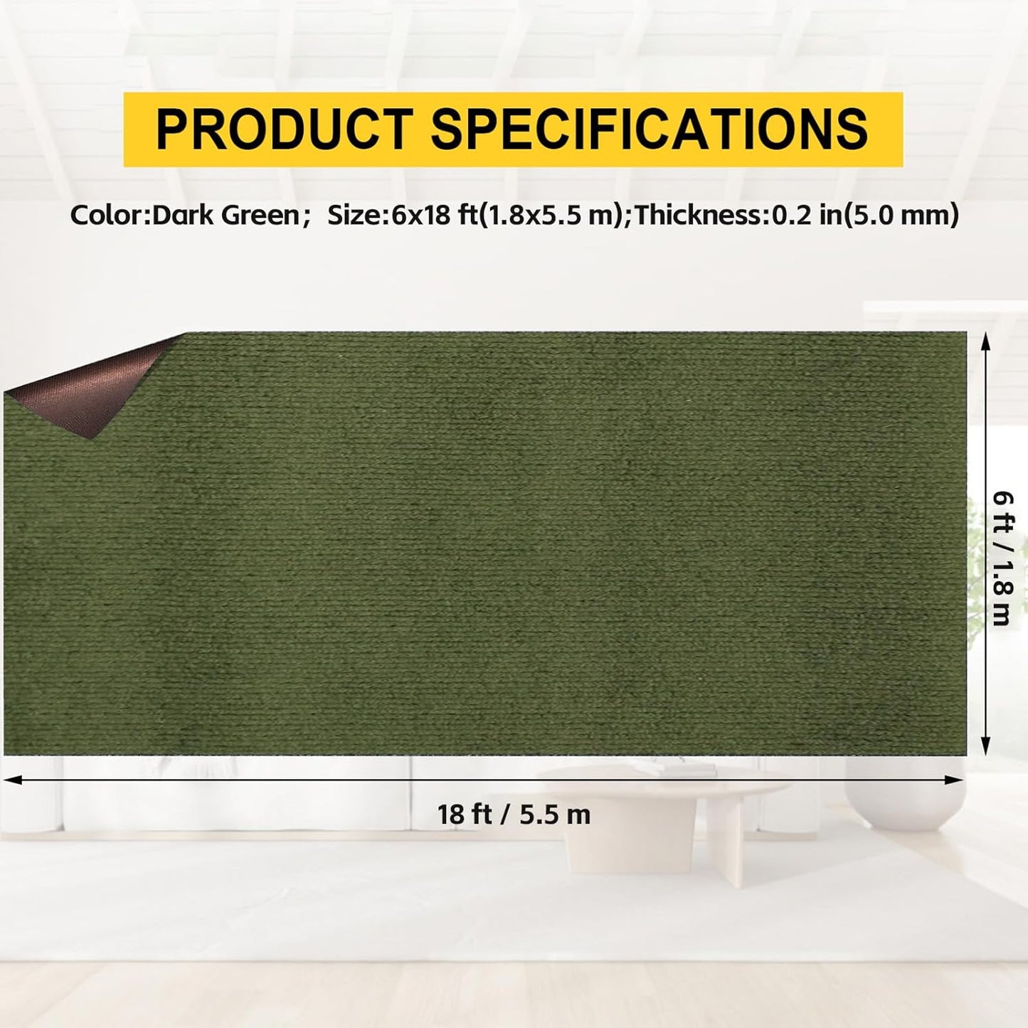 Marine Carpet,6 FT x 18 FT Olive Green Indoor Outdoor Carpet 0.2" Thick with Water-Proof TPE Backing, Non-Slide for Home, Patio, Porch, Deck