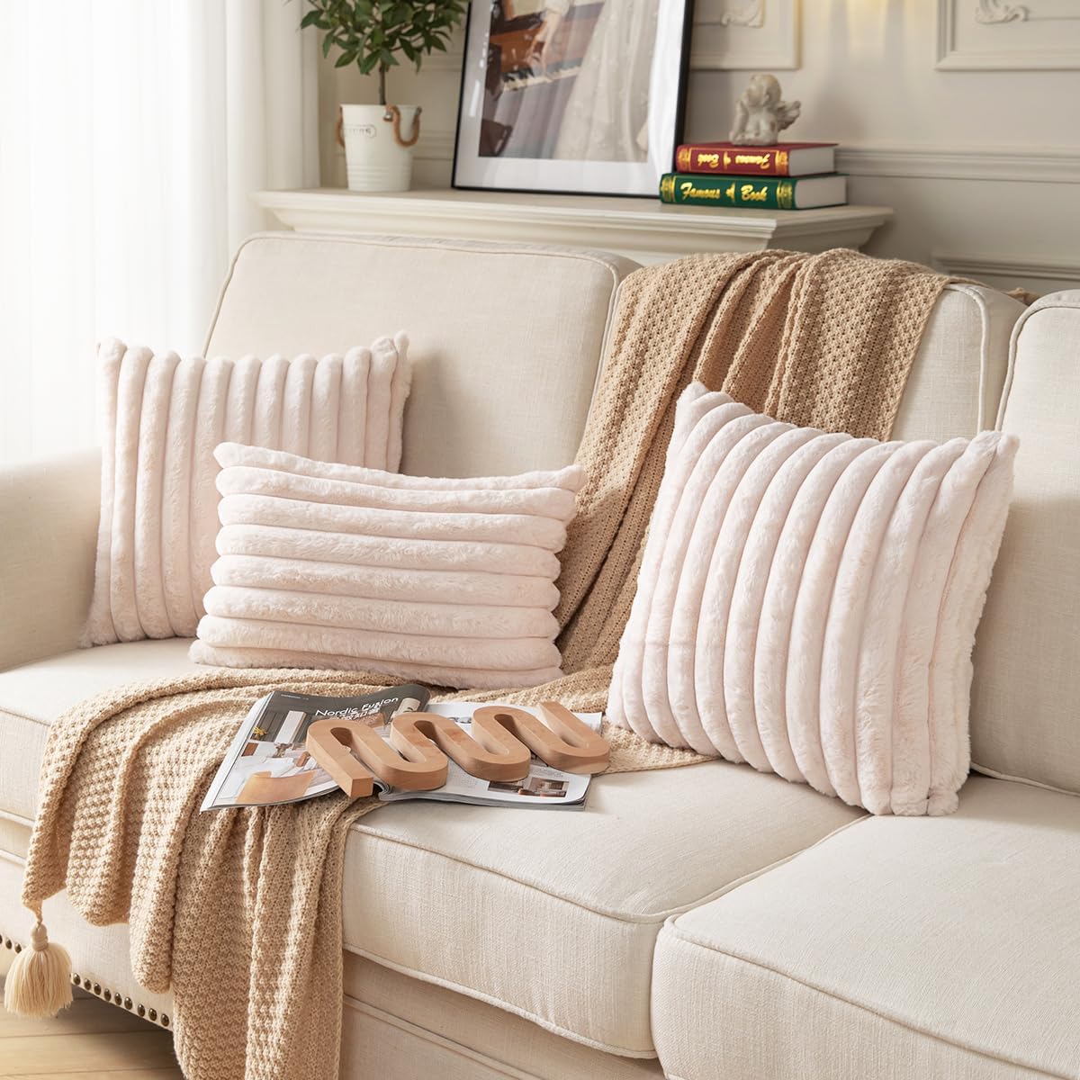 DEELAND Pack of 2,Double-Sided Faux Fur Plush Decorative Throw Pillow Covers Fuzzy Striped Soft Pillowcase Cushion Covers for Sofa Couch Bedroom Beige 26x26 inch