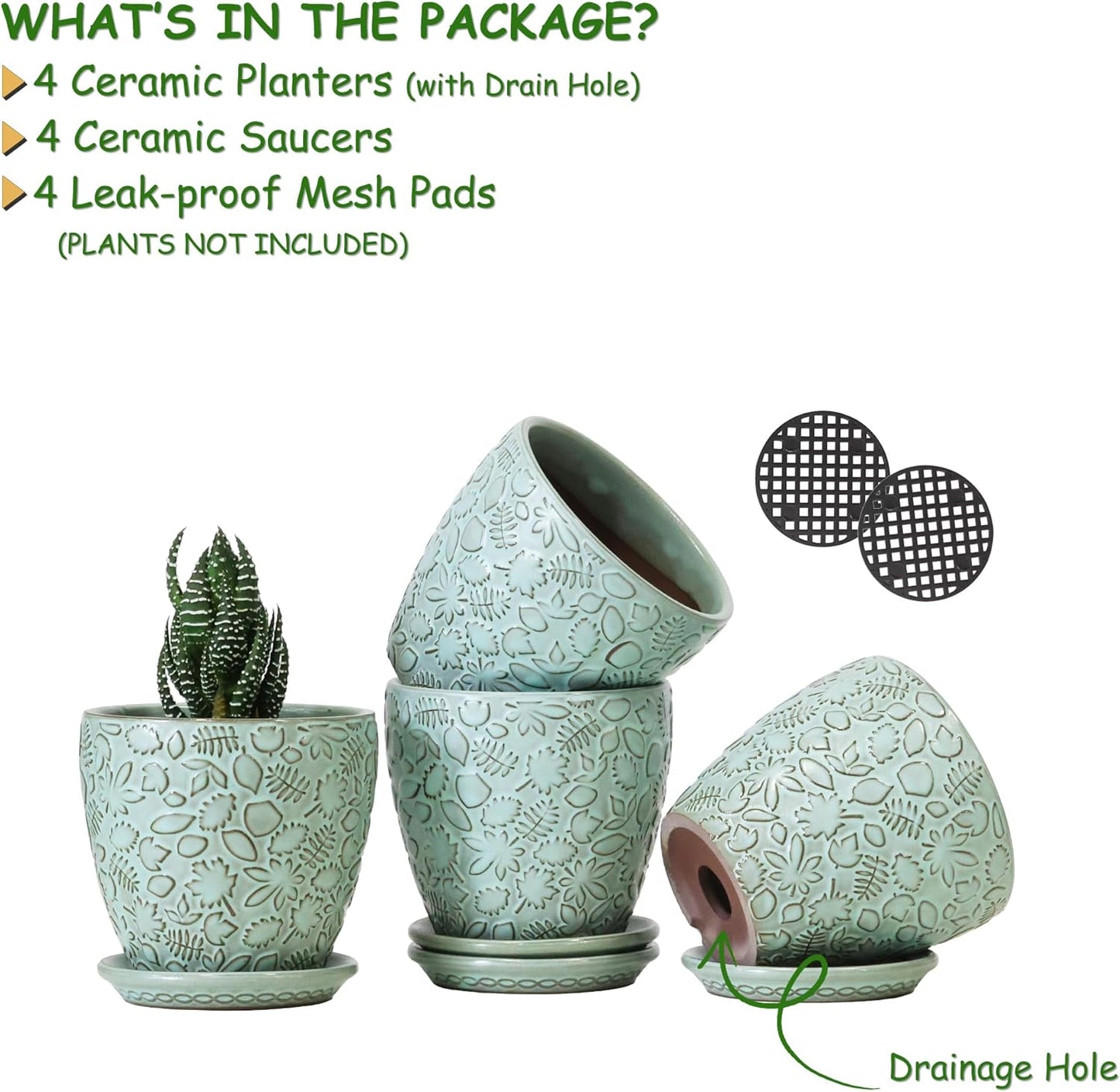 Succulent Planter for Indoor Plants, 4 Inch Small Ceramic Plant Pot with Drainage Holes and Saucers, Flower Pots for herb - Set of 4