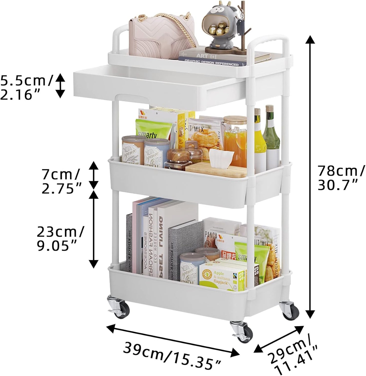 Calmootey 3-Tier Rolling Utility Cart with Drawer,Multifunctional Storage Organizer with Plastic Shelf & Metal Wheels,Storage Cart for Kitchen,Bathroom,Living Room,Office,White
