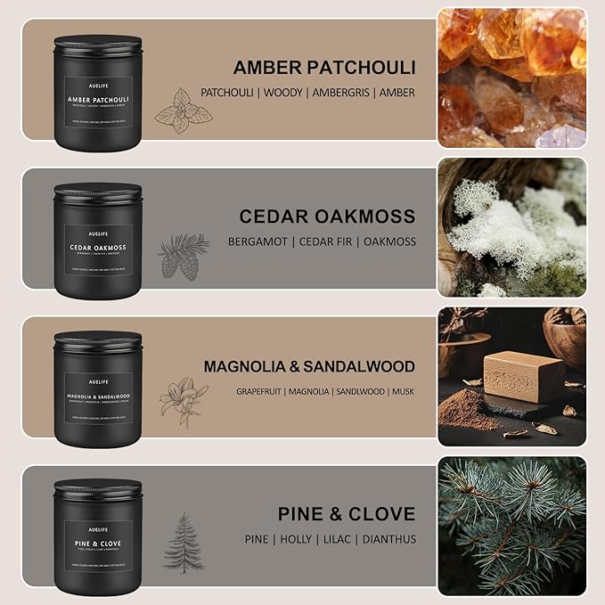 Scented Candles Set | Gifts for Men - 4 Pack Men Candle Set, Masculine Candle, Soy Candles for Home Scented, Gift for Dad Fathers Day -Scent of Cedar Oakmoss/Pine&Clove/Patchouli/Sandalwood