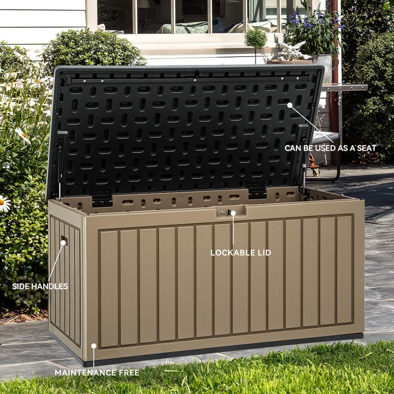 YITAHOME 90 Gallon Large Deck Box, Double-Wall Resin Outdoor Storage Boxes, Deck Storage for Patio Furniture, Cushions, Pool Float, Garden Tools, Lockable & Waterproof (Black&Brown)
