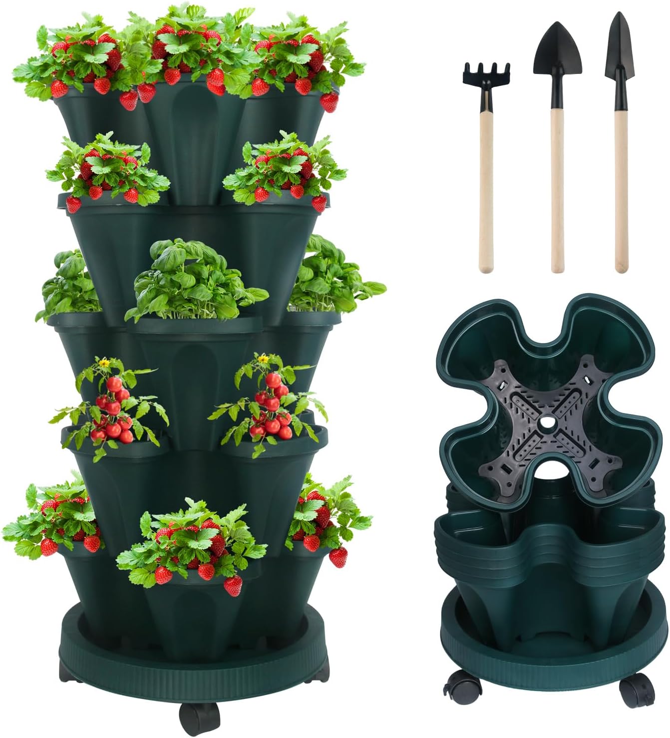 DUNCHATY Stackable Polypropylene Planters, 5-Tier, Pine Green, Indoor/Outdoor, 29" Height x 13.6" Diameter