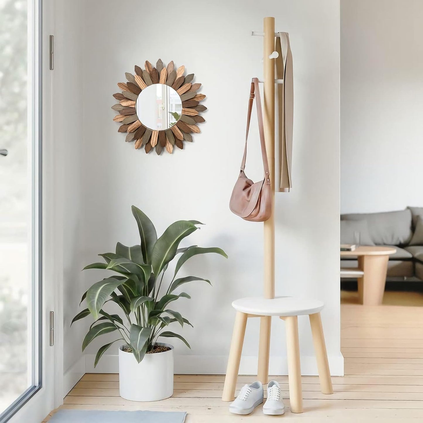 Honiway Boho Wall Decor 12 inch Decorative Mirror with Rustic Wood Sunburst Frame, Perfect for Bedroom, Living Room, Bathroom, Kitchen