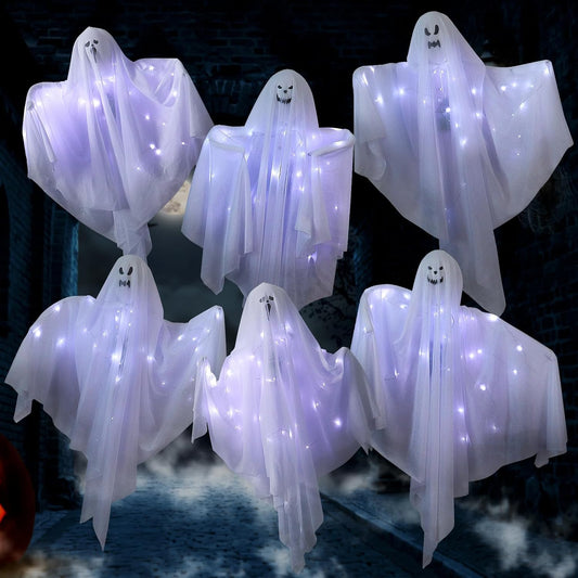 6 Pack Halloween Hanging Ghost Decorations with Lights, 27.5 Inch LED Light-Up Spooky Ghosts Indoor Outdoor Ornaments, Halloween Flying Hanging Ghosts for Haunted House Prop, Front Yard Patio Party
