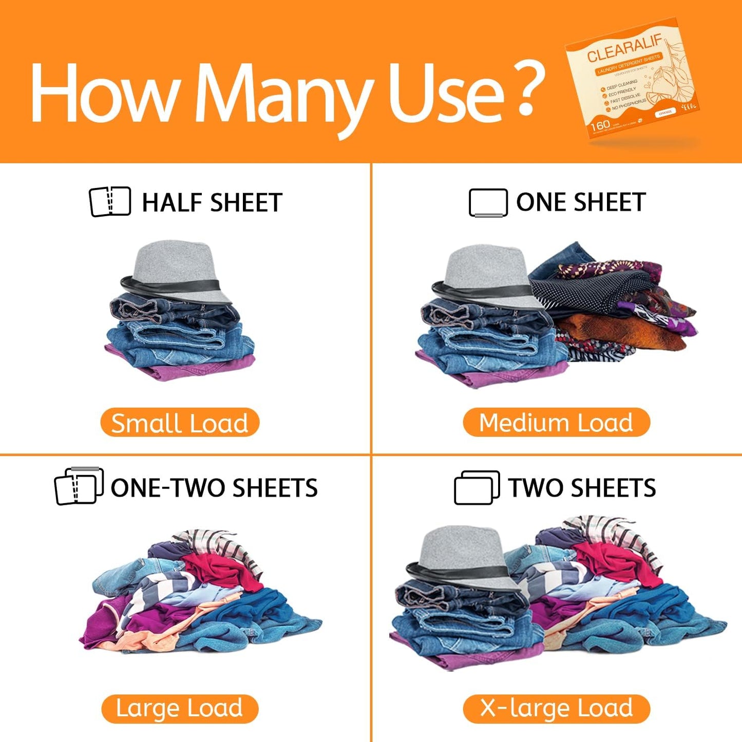 CLEARALIF Laundry Detergent Sheets Up to 160 Loads, Orange - Great For Travel, Apartments, Dorms,CLEARALIF Laundry Detergent Strips Eco Friendly & Hypoallergenic