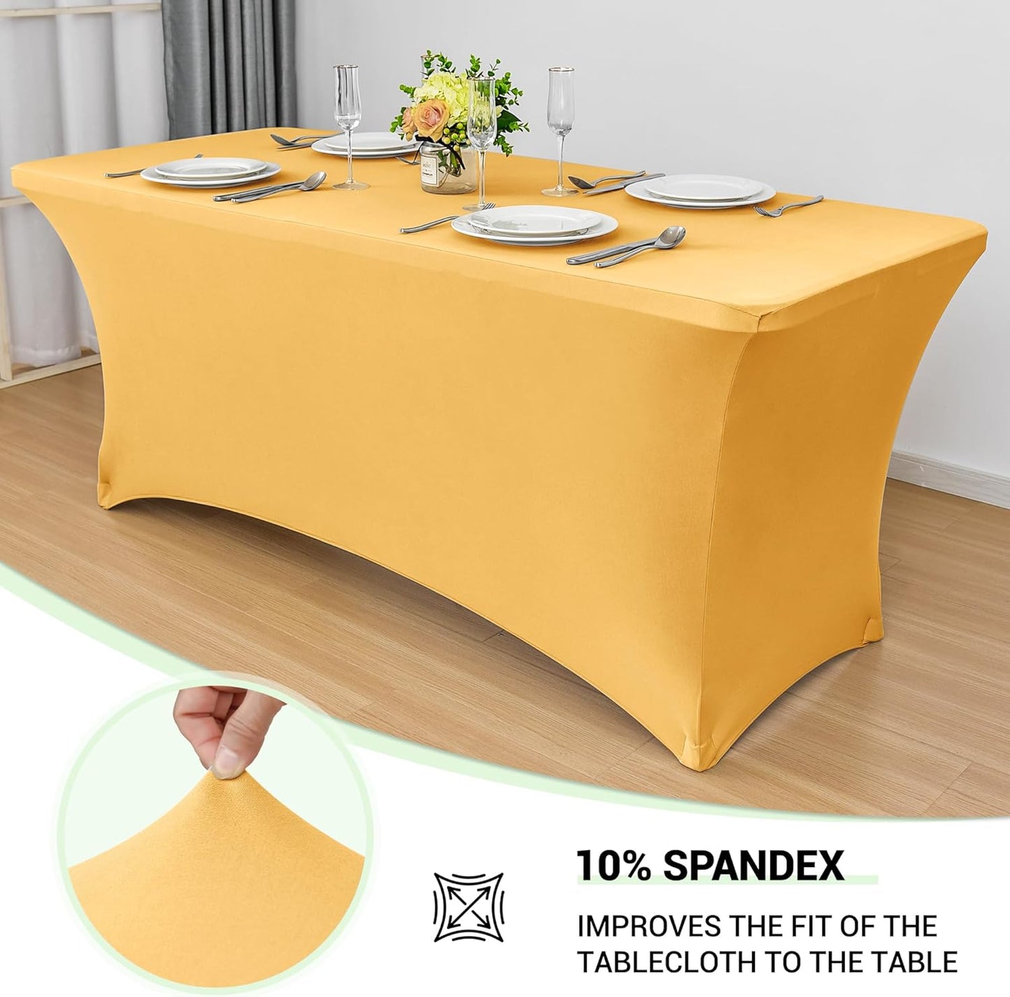 Obstal 4Ft Stretch Spandex Table Cover for Standard Folding Tables - 2 Pack Universal Rectangular Fitted Tablecloth for Party, Banquet, Events, Trade Show (Gold, 48L x 24W x 30H Inches)