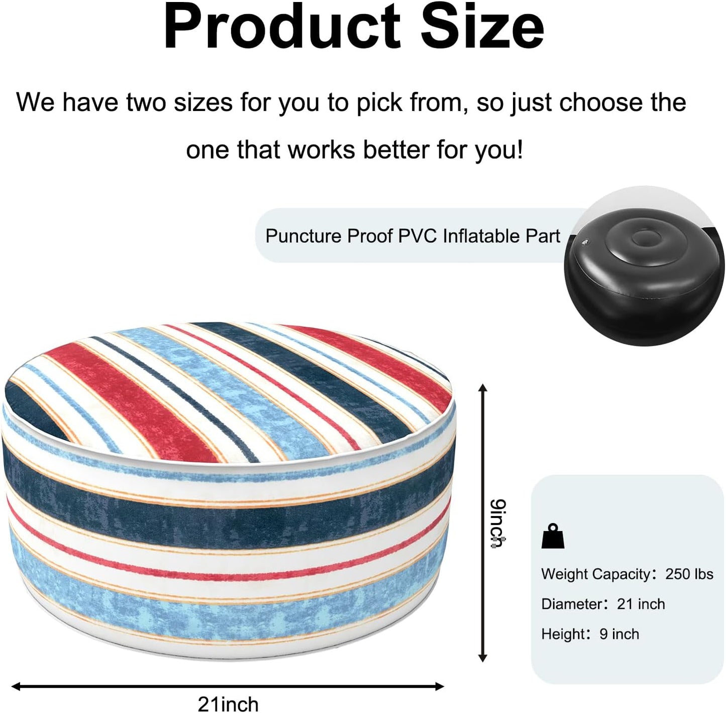 Inflatable Ottoman Stool D21 xH9 for Outdoor/Indoor Use, Water Repellent Patio Foot Rest Stool with Portable Handle,Round Pouf Ottoman Suitable for Garden,Deck and Camping - Stripe Red Blue