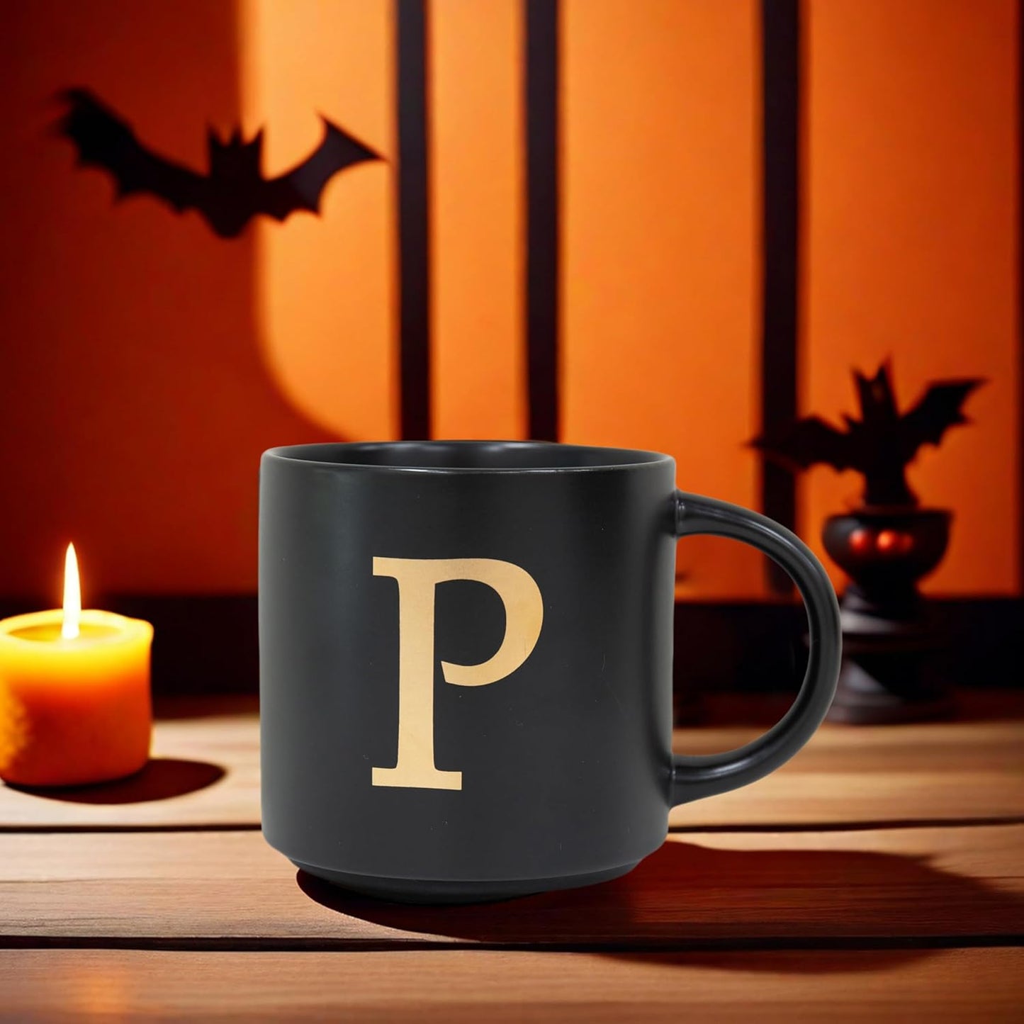 COLLECTIVE HOME - Monogram Ceramic Mugs, 15 oz Golden Initial Black Coffee Cups, Elegant Alphabet Tea Mugs, Elegant Personalized Mug with Gift Box, Unique Mug with Double Side Capital Lette (P)