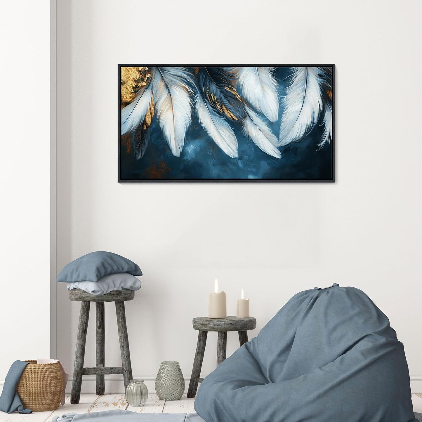 Mofutinpo Blue and Gold Wall Art Framed Navy Blue Decor for Living Room Feather Canvas Art Wall decorations, Blue Bedroom Wall Decor Above Bed Pictures Wall Decor, Painting - Artwork for Walls 20×40IN