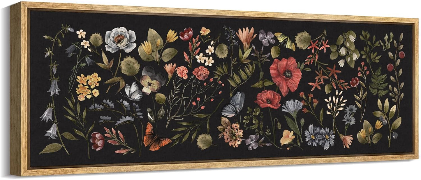 MUDECOR Large Framed Canvas Print Wall Art Midnight Garden Vintage Floral Illustrations Antique Retro Fine Art Illustrations Decorative Colorful for Bedroom - 60"x20"