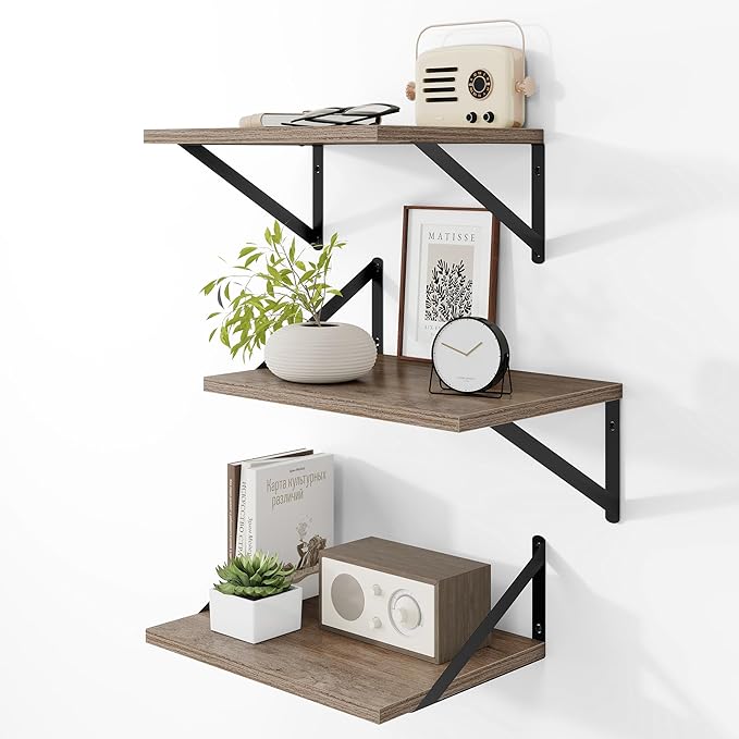 Heimlove Deep Floating Shelves for Wall, 12 Inch Deep Floating Shelves Set of 3, 16W x 12D Wood Wall Shelves, Wide Wood Shelves with Metal Bracket for Living Room, Kitchen, Office, Bedroom - Grey