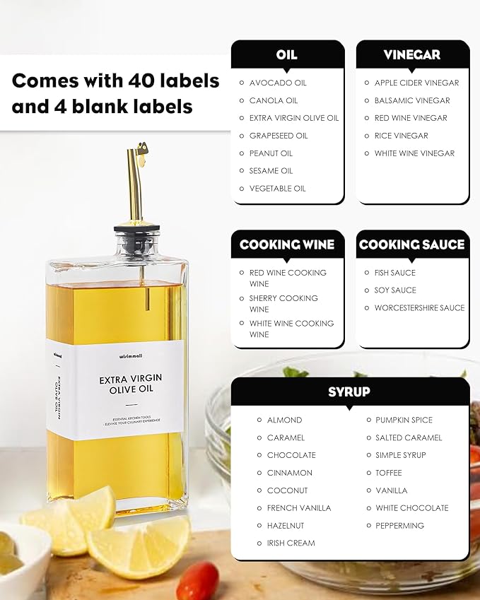 Olive Oil Dispenser For Kitchen, Glass Oil Bottle 350ML Oil And Vinegar Dispenser Set Of 4 with 4 Stainless Steel Pourers & 88 Labels, Soy Sauce Dispenser, Coffee Syrup Bottles