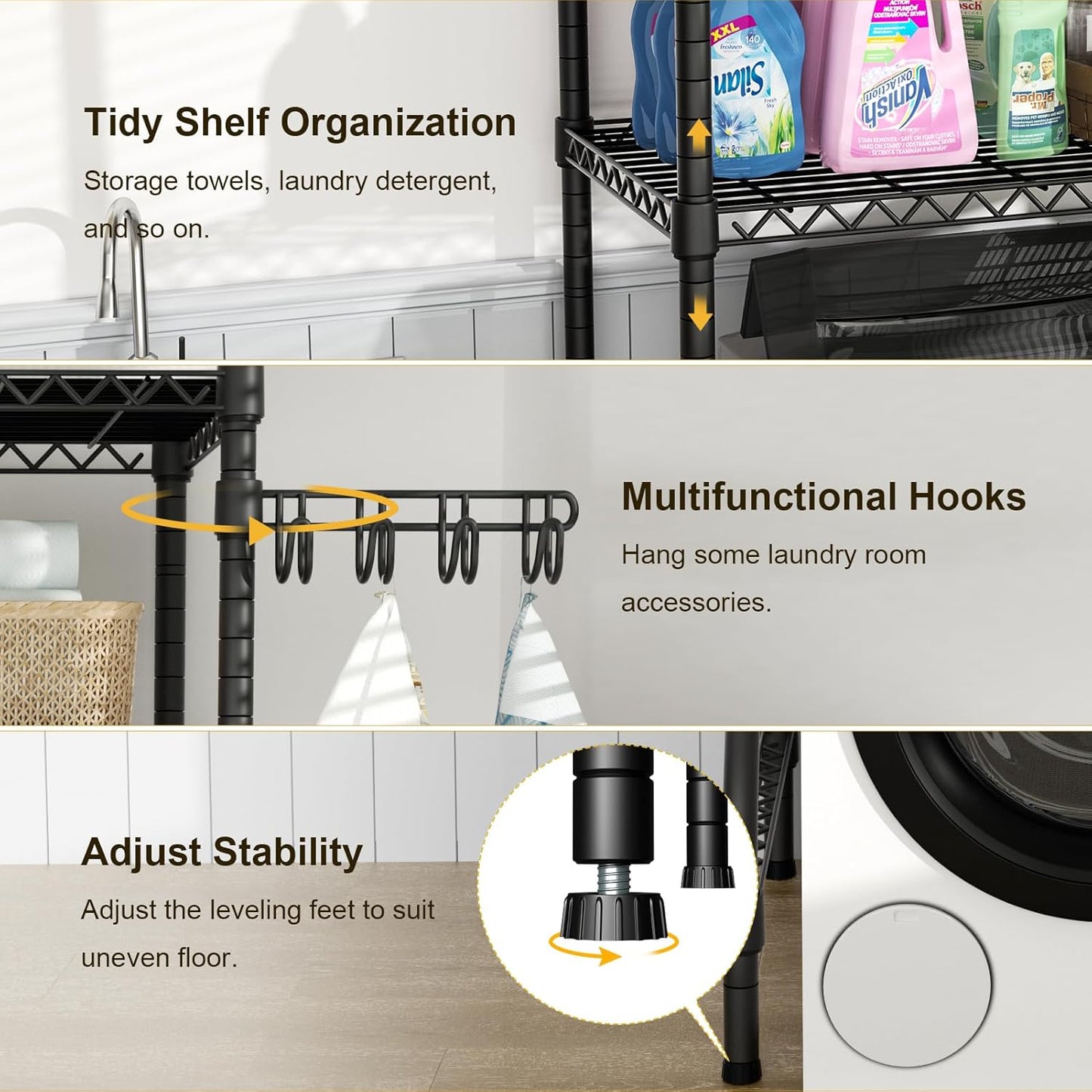 Ulif U8 Medium Laundry Room Storage Organizer, Over the Washer and Dryer Storage Shelves for Laundry Organization, 32.3”W x 17.3”D x 76.2”H, Suit Washing Machine Width within 29.9”, Hold 304 lb, Black