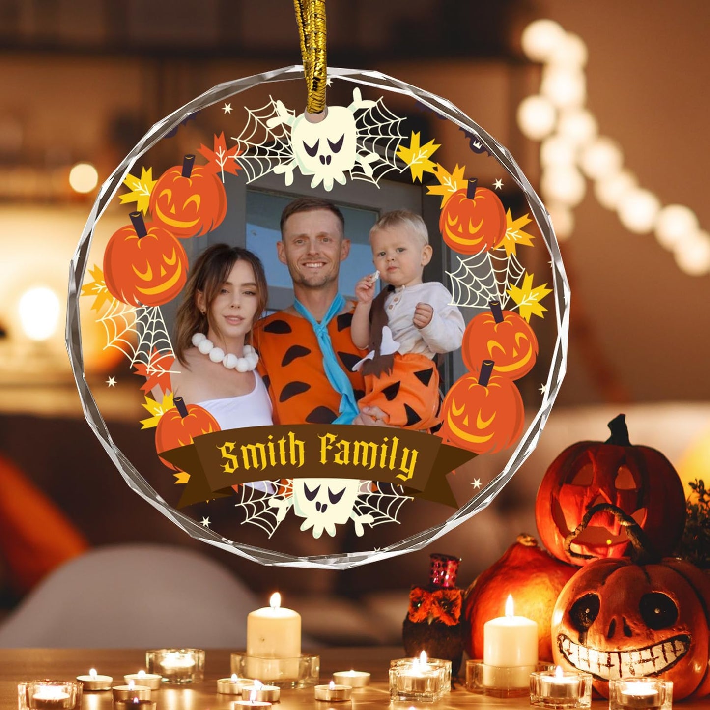 Custom Crystal Ornament, Personalized Halloween Family Hanging Ornament, Halloween Spooky Glass Hanging Decor, Spooky Pendent, Ghost and Pumpkin Hanging Gifts for Mom/Dad