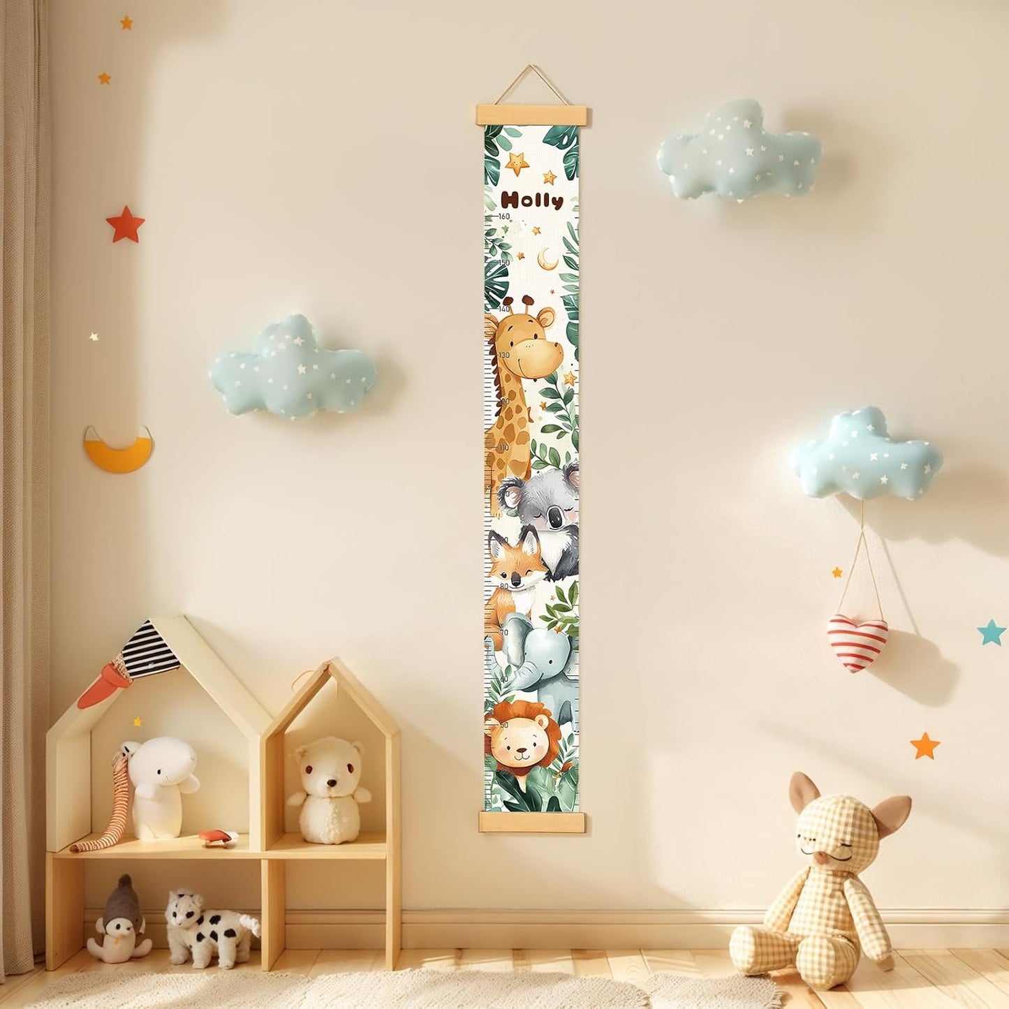 Personalized Name Growth Chart Wall Decor for Kids – Canvas Removable Height Chart Measuring Ruler 59" x 7.9" (Cute Animals)