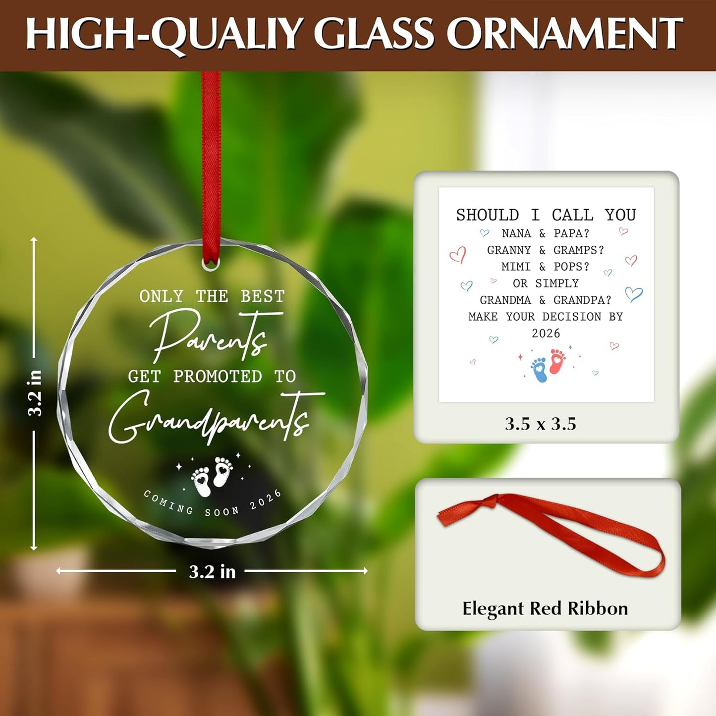 OASSIE Pregnancy Announcement for Grandparents - Glass Ornaments for Tree with Card - Promoted to Grandparents Baby Announcement Gifts for Grandma Grandpa, Grandma Gifts for Women, Grandpa Gift Ideas