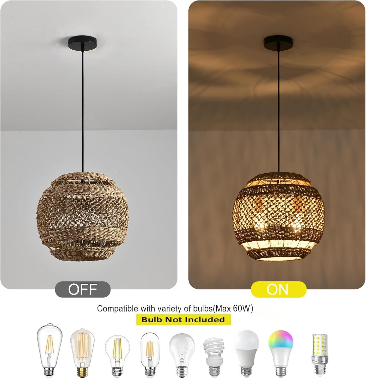 Rattan Pendant Light 13.78" Boho Wicker Seagrass Pendant Light 2-Light Hand Woven Water Plants Rattan Chandelier for Dining Living Bedroom Kitchen Farmhouse