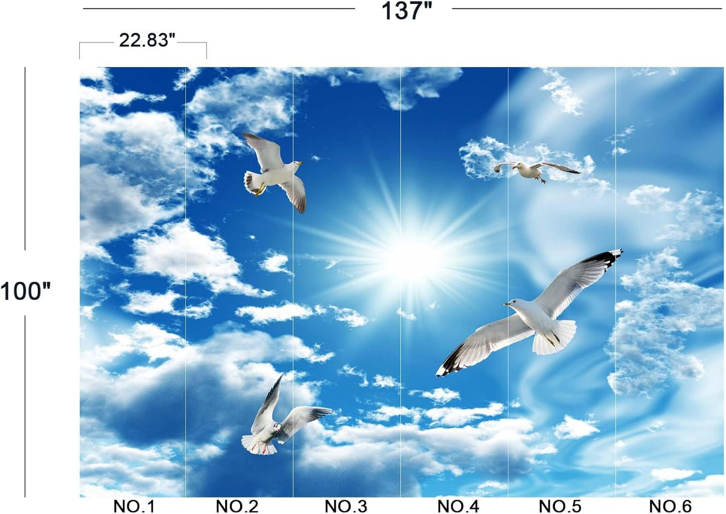 Blue Sky, White Clouds, Sunshine Seagull Ceiling Wall Mural Wallpaper 137" x 100"