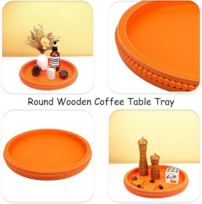 Round Orange Wood Serving Tray with Beads, Wooden Decorative Tray for Entertaining, Decoration, and Gifting,