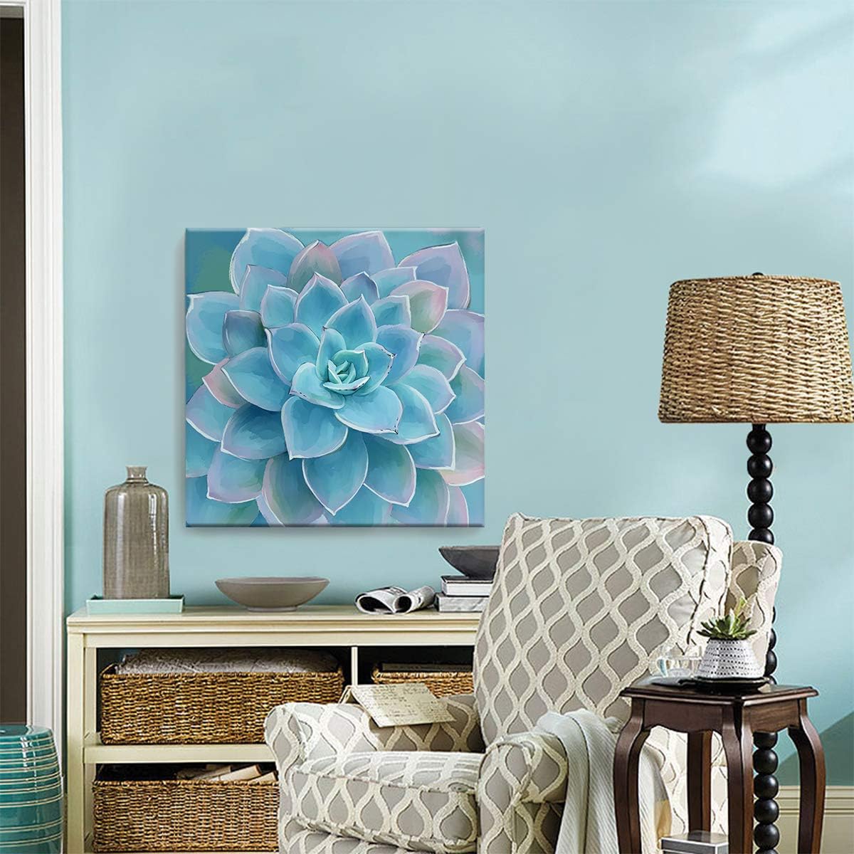 Wall Decor for Bedroom Canvas Artwork Blue-Green Succulents Prints Pictures Wall Art for Living Room Hanging Plants for Bedroom Decor Modern Popular Wall Decorations Blue-Green Flower Size 20x20