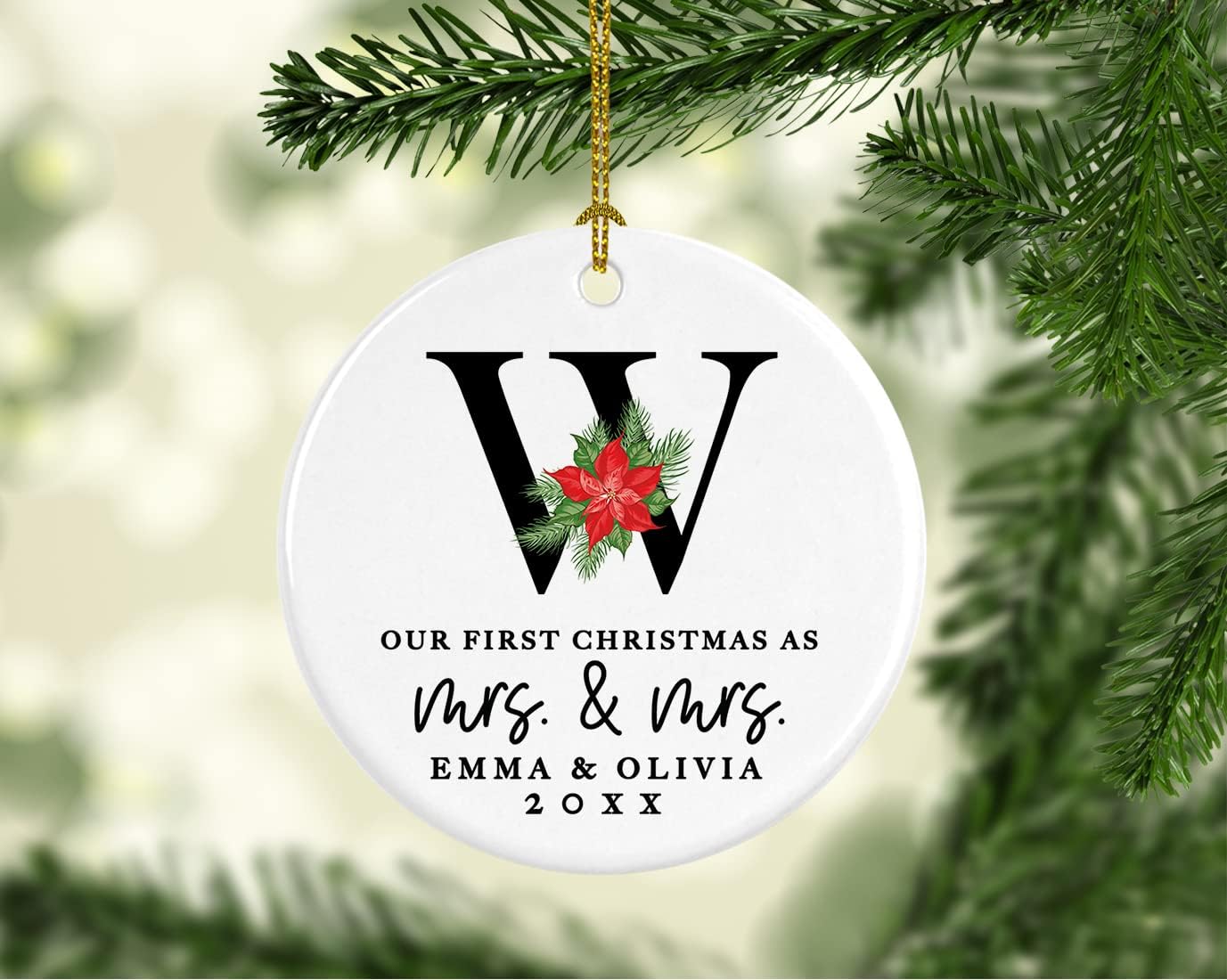 Andaz Press Personalized Our First Christmas As Mrs. & Mrs. 2025 Christmas Ornaments Monogram Poinsettia 2.8" Round Porcelain Ceramic Lesbian Married Couple Gay Women Newlyweds Wedding Keepsake 1-Pack