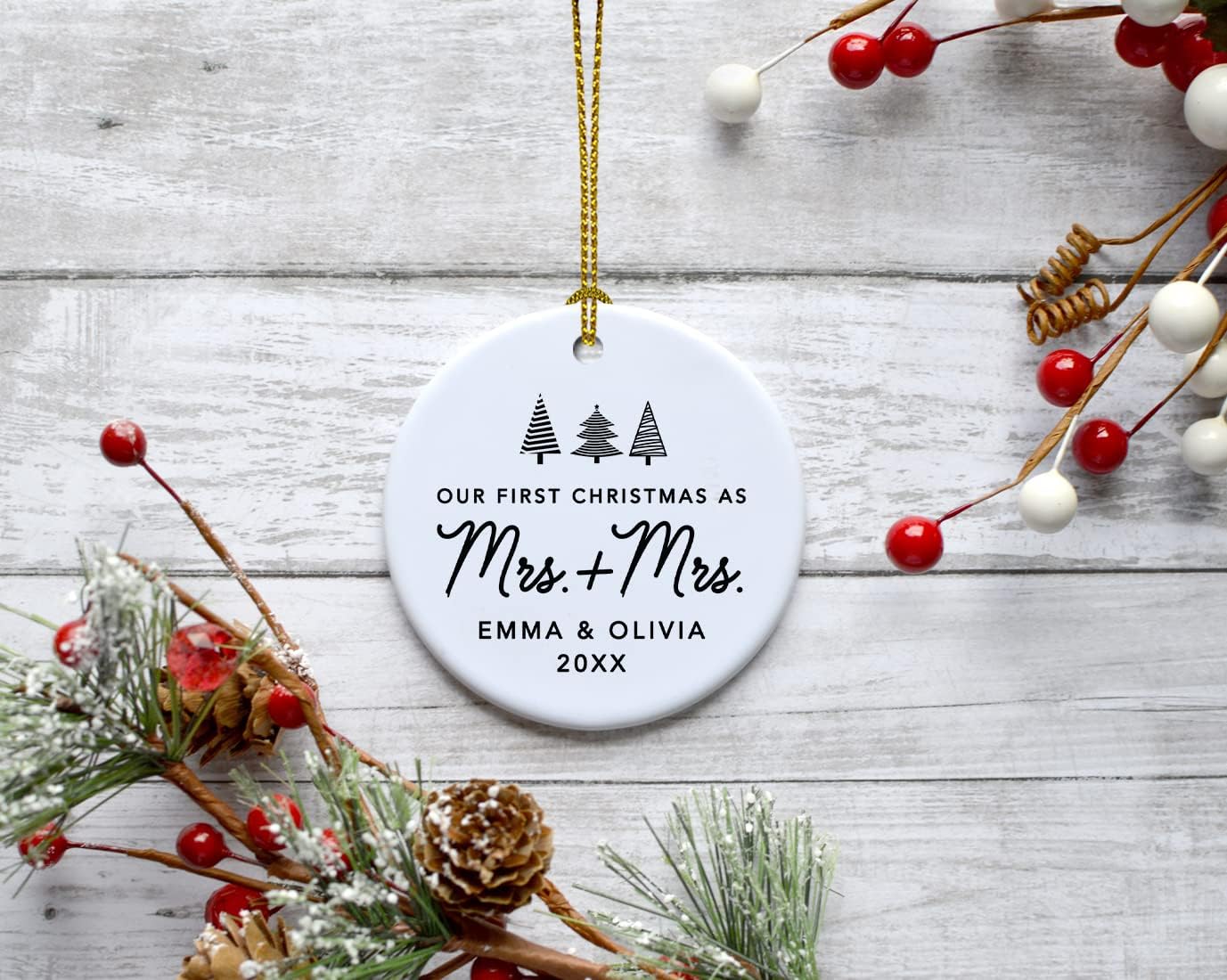 Andaz Press Personalized Our First Christmas As Mrs. & Mrs. 2025 Christmas Ornaments Christmas Trees Design 2.8" Round Porcelain Ceramic Lesbian Married Couple Gay Women Newlyweds Keepsake 1-Pack