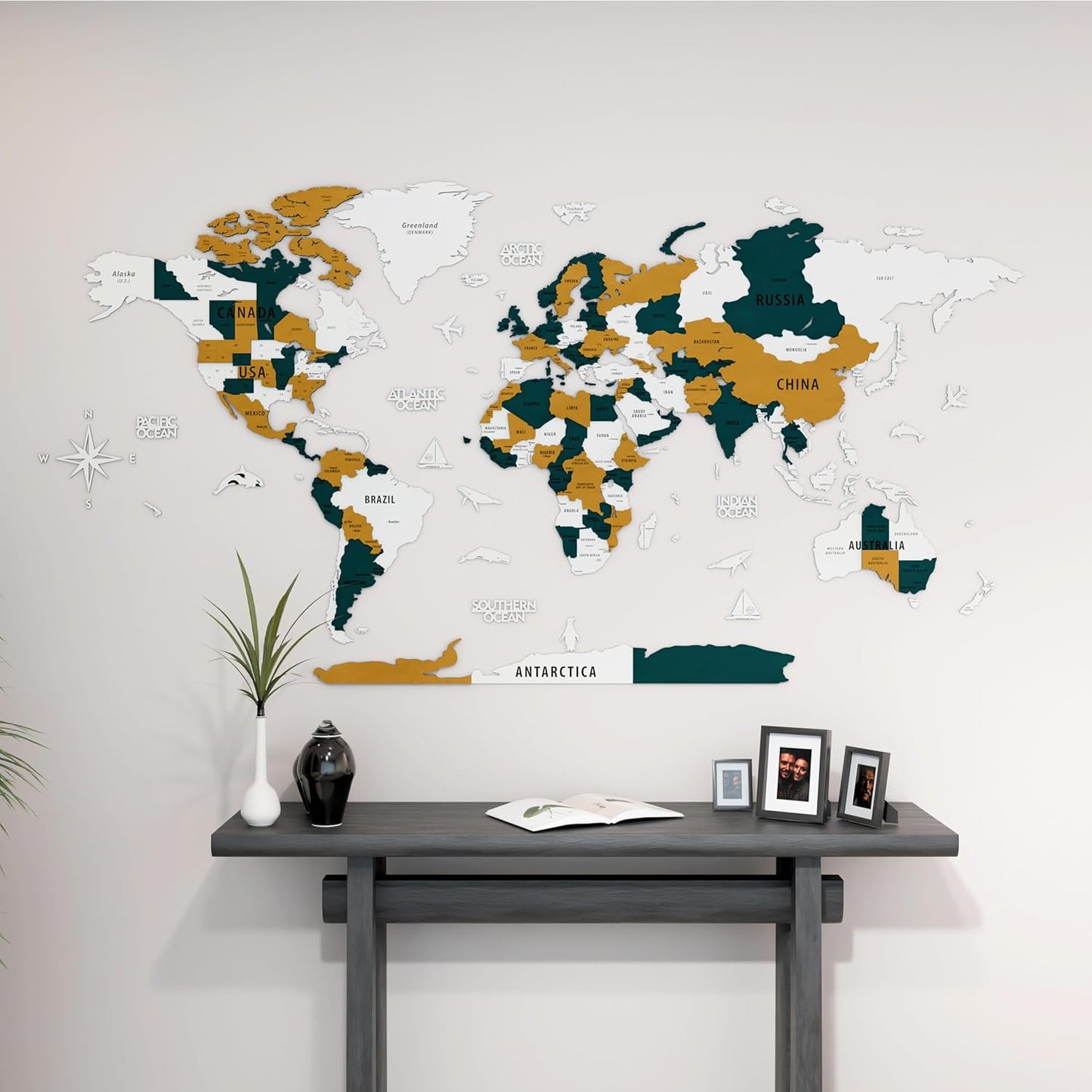 Colorfull Worlds 3D Wooden World Map Wall Art | Unique Wall Decor with Pins for Travel Enthusiasts | Home and Office Wall Décor | Gold-Blue | Medium