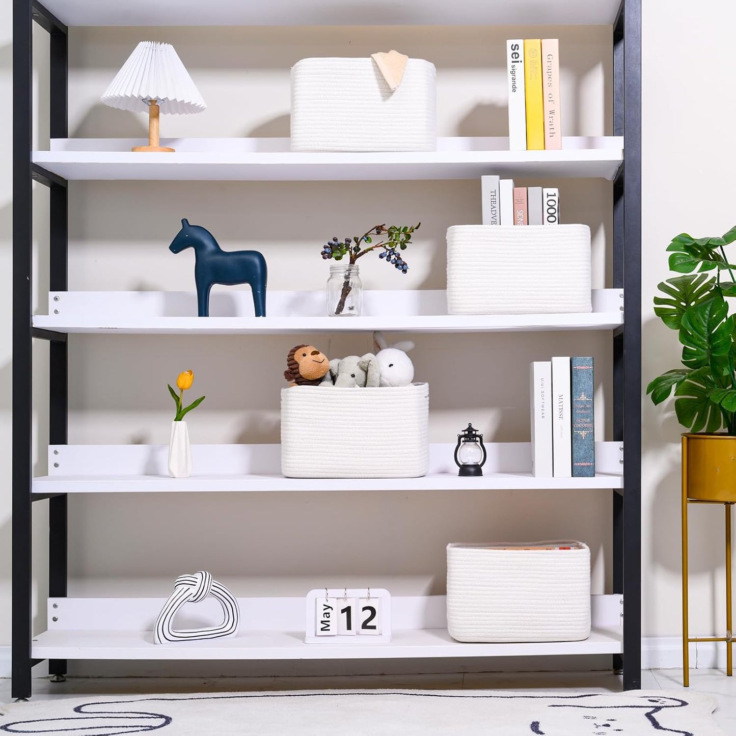 Storage Baskets for Organizing, Woven Basket for Storage, Storage Baskets Bin for Shelves, Cotton Rope Basket with Handles, 12.5"Lx9.1"Wx7.9"H, (4 Packs) Off White