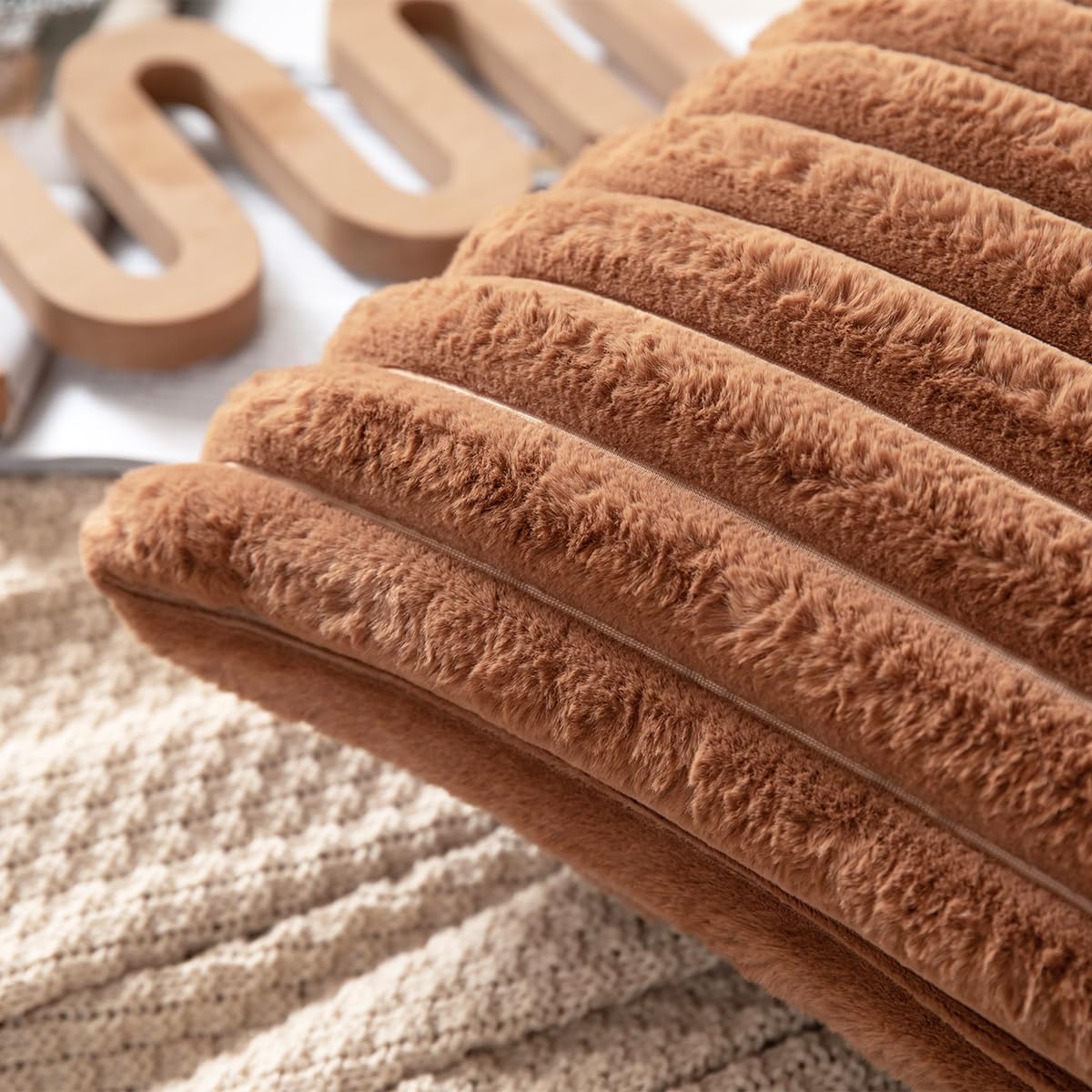 DEELAND Pack of 2,Double-Sided Faux Fur Plush Decorative Throw Pillow Covers Fuzzy Striped Soft Pillowcase Cushion Covers for Sofa Couch Bedroom Brown 18x18 inch