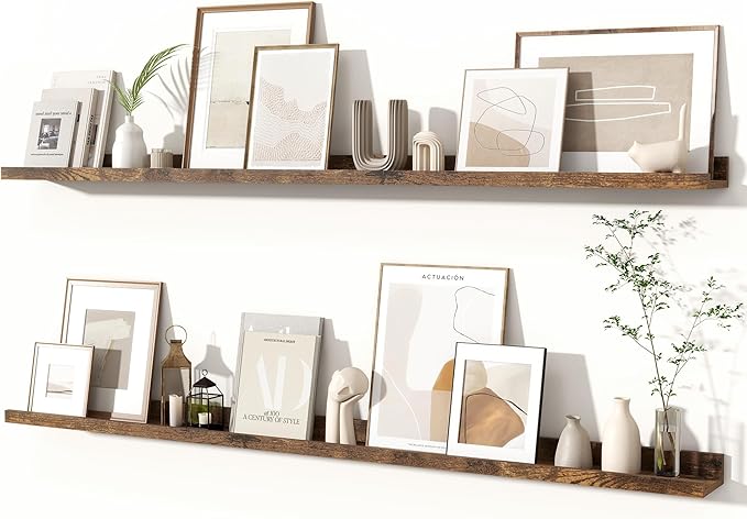 Fun Memories Picture Ledge Shelves Set of 2, 55 Inch Rustic Wall Mounted Floating Shelves with Lip for Home Storage and Décor in Bathroom, Kitchen, Nursery, Bedroom, Living Room, Brown