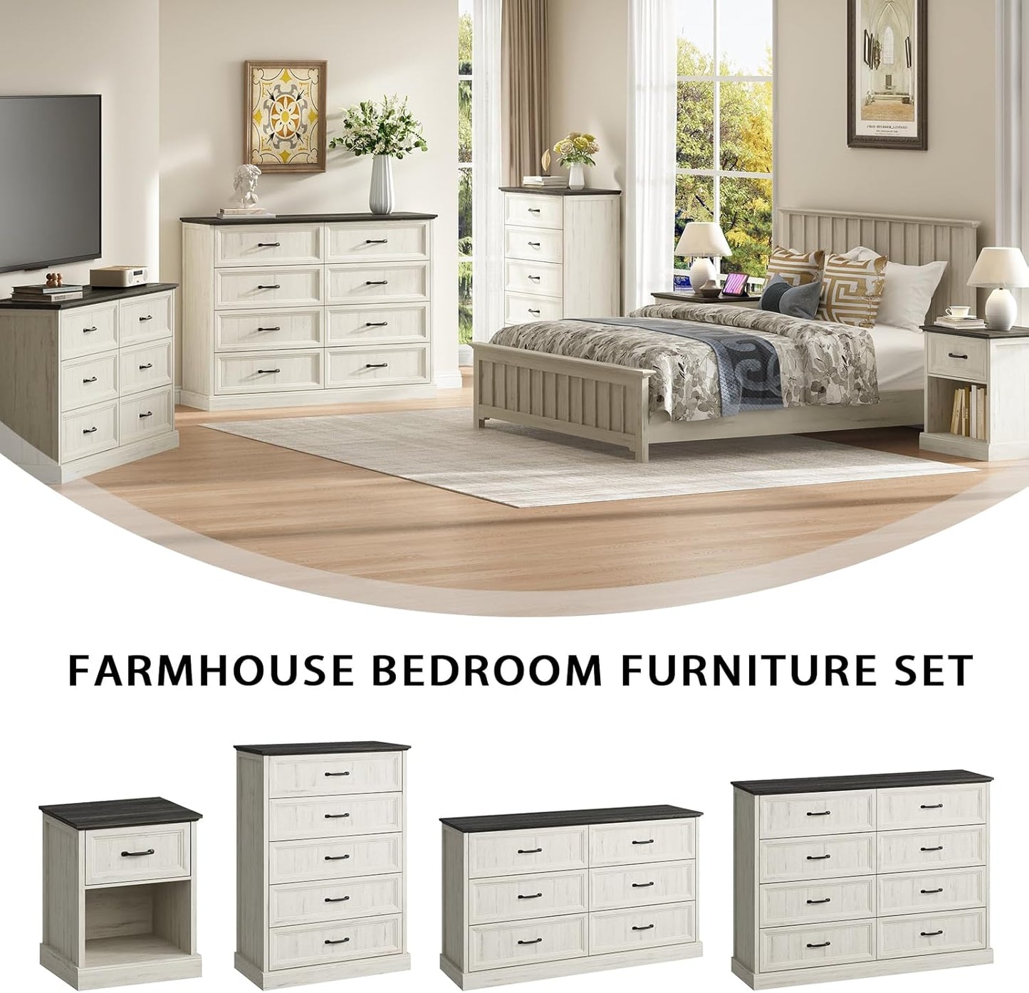 CARPETNAL Farmhouse 8 Drawer Dresser for Bedroom, 55" Wide Modern White Dresser TV Stand with Large Drawers & Bar Handles, Rustic Wood Chest of Drawers for Bedroom, Living Room, Hallway, Entryway.