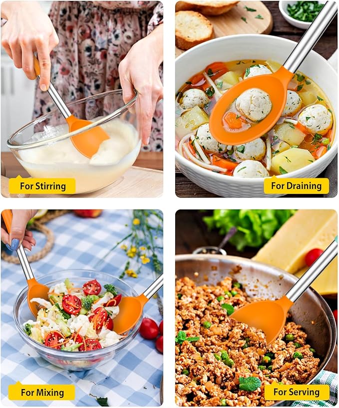 Pack of 2 Large Silicone Cooking Spoons,Non Stick Solid Basting Spoon,Heat-Resistant Kitchen Utensils for Mixing,Serving,Draining,Stirring (ORANGE)