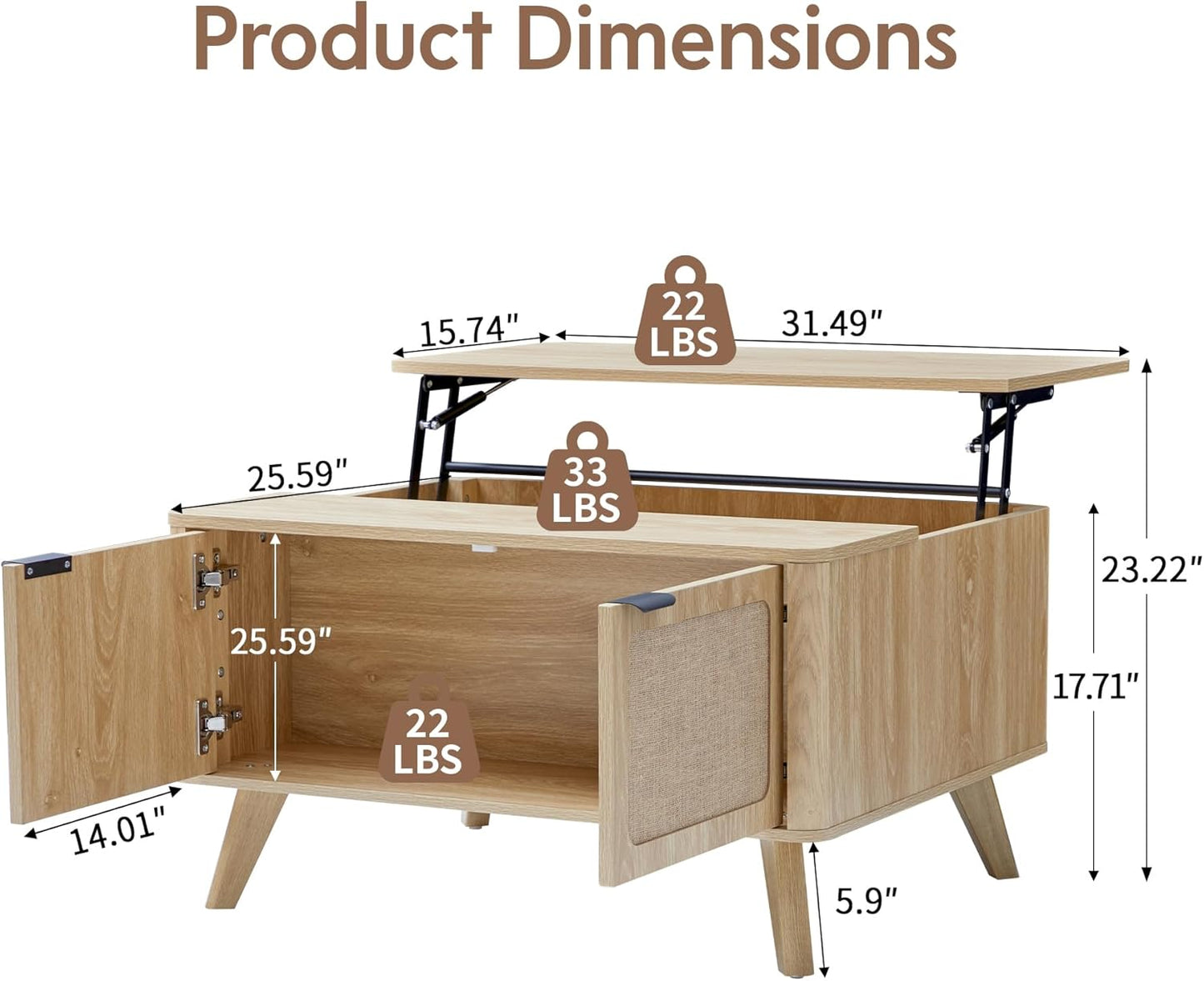 AVZEAR Wood Lift Top Coffee Table with Storage, Boho Modern Coffee Table with Nature Linen Doors & Large Hidden Storage, Rounded Corners Center Table Farmhouse Coffee Tables for Living Room, Natural