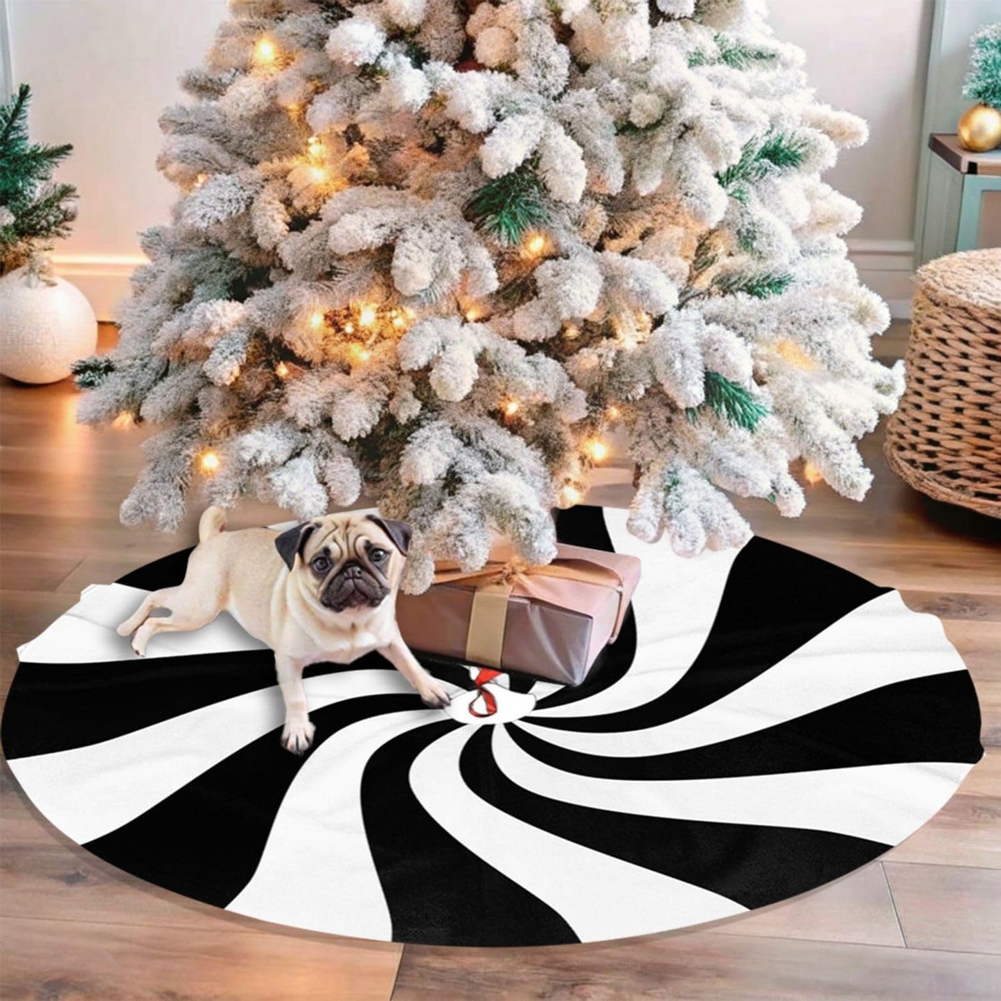 48" Black and White Peppermint Candy Christmas Tree Skirt, Tree Mat Base Cover for Xmas Festive Holiday Party Decoration Ornaments