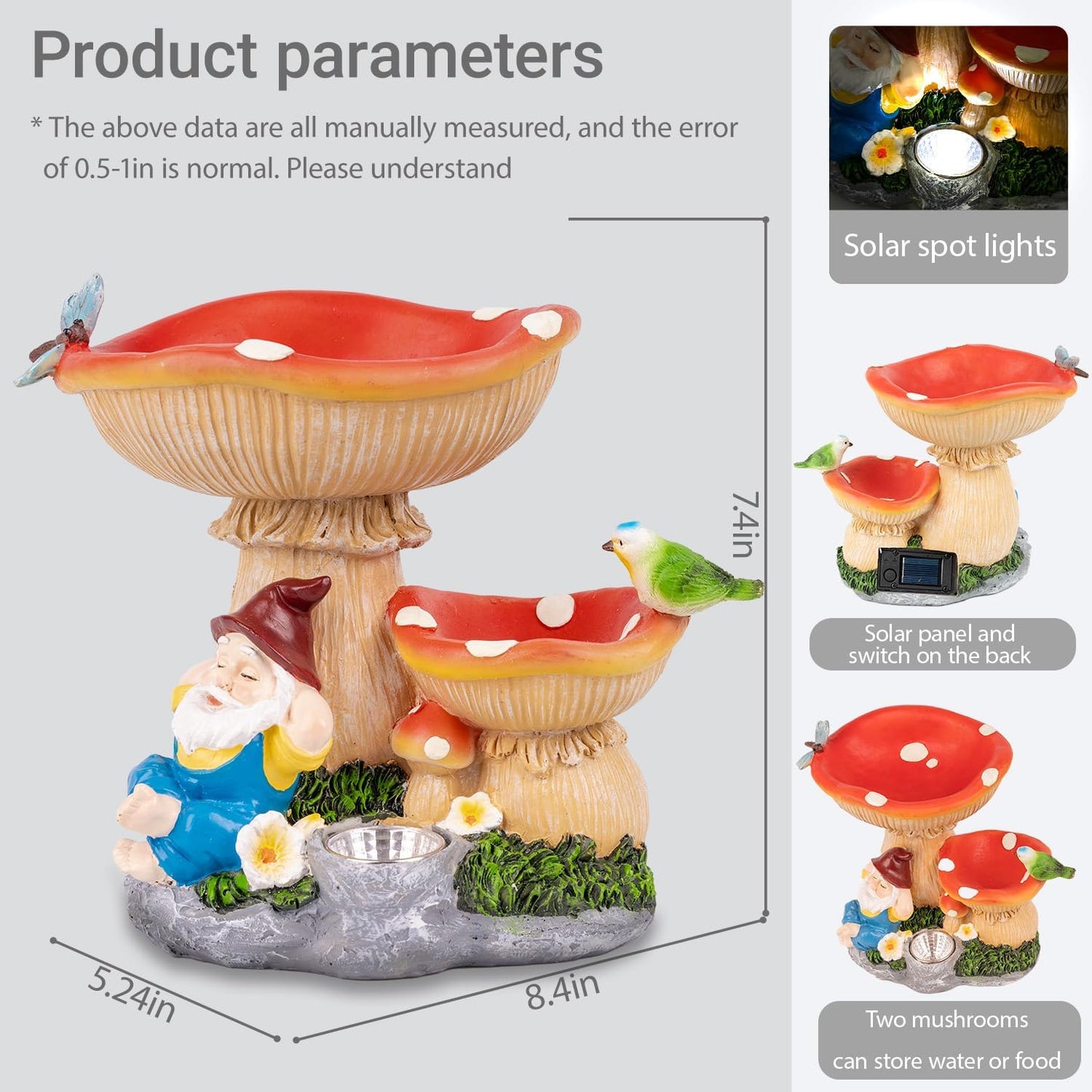 TIJNN Solar Gnome Statue with LED Lights, Bird Water Feeder Garden Decor for Patio, Lawn, or Home, Mushroom Figurine Outdoor Decoration Garden Gifts