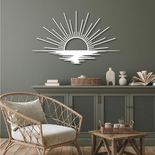Sunrise Metal Wall Art, Metal Sun Wall Decor, Metal Sun Outdoor Decor, Large Metal Sun Wall Art, Sun Wall Art, Boho Sun Wall Art, Sunshine Metal Sign, Living Room Bedroom Wall Hangings (White, 29"x 17"| 76x45cm )