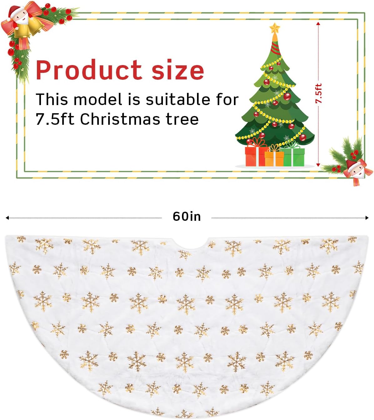 COOLWUFAN 60 Inches Christmas Tree Skirt for Xmas Tree Holiday Party Decoration White Plush Gold Sequin Snowflake (Gold)