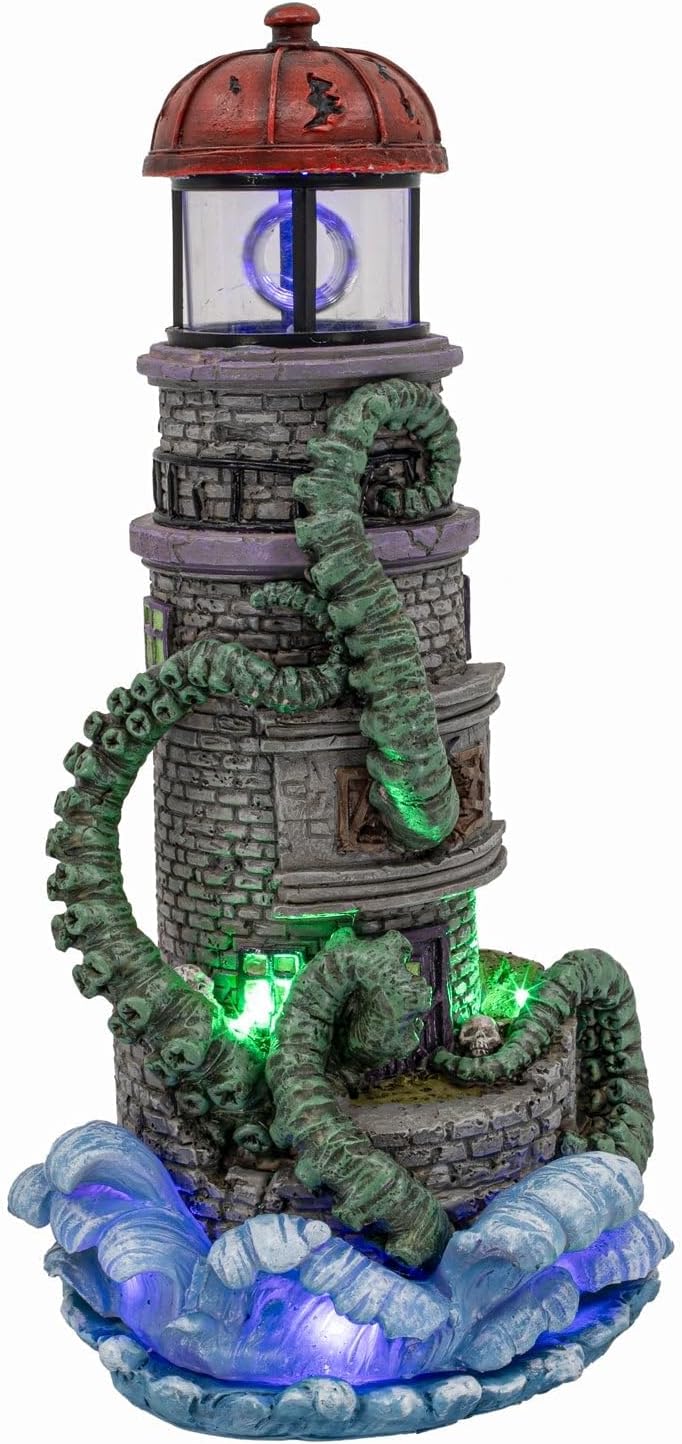 Lighthouse Attack Kraken Theme Spooky Halloween Village Multi-Color LED Lights, Animated Rotating Food Light and Music 6" x 5.5" x 12"
