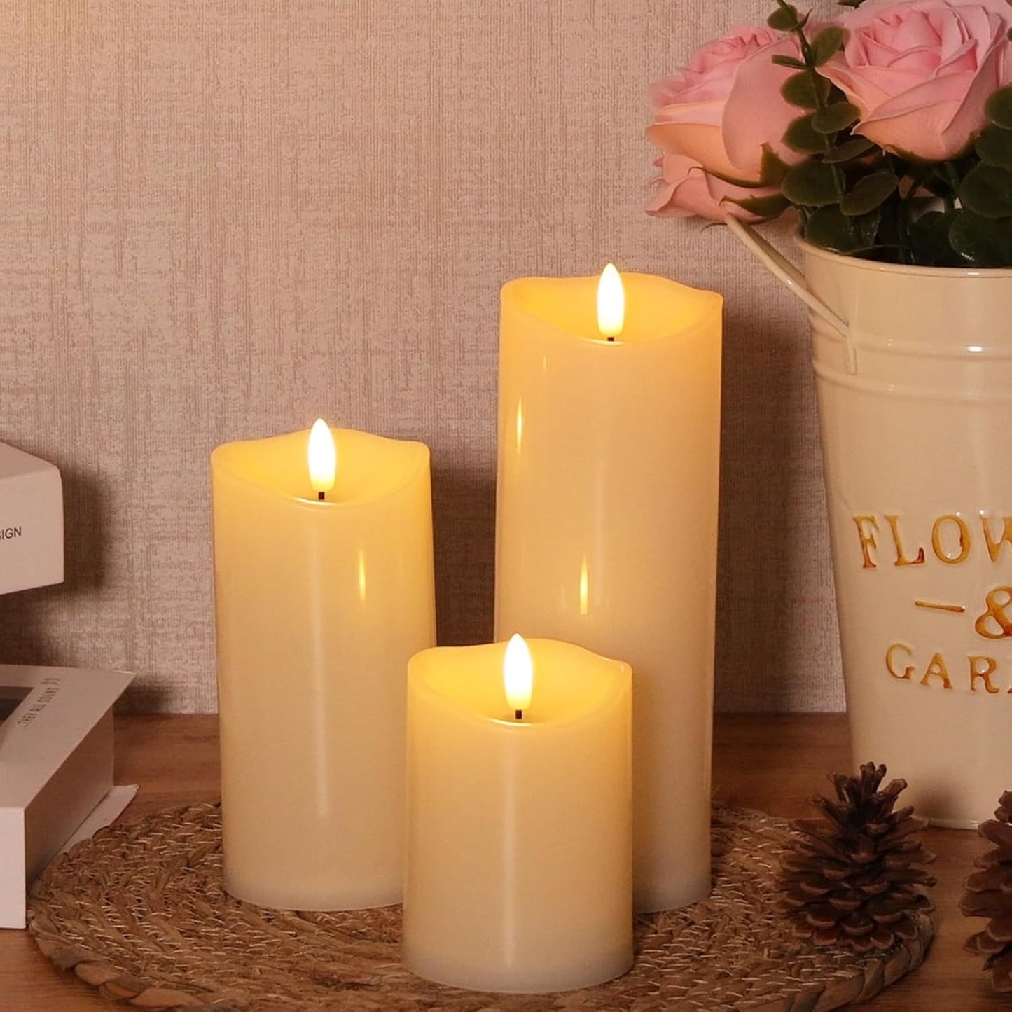 Outdoor Flameless Candles with Remote Timer - Waterproof Realistic Flickering LED Pillar Electric Battery Operated Fake Candle for Holiday Home Wedding Fireplace Decor - Ivory 3 Pack (D3”H4”6”8”)