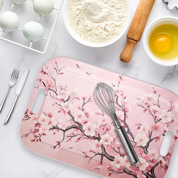 Serving Trays with Handles, 14.5 x 9.8 inch Rectangular Plastic Tray for Restaurant, Kitchen, Pink Cherry Blossom
