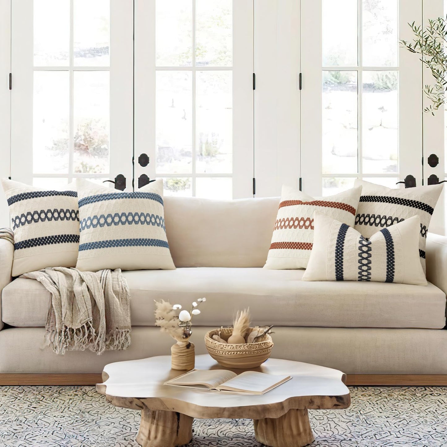 MIULEE Set of 2 Coastal Blue Boho Decorative Pillow Covers 18x18 Inch Farmhouse Rustic Couch Throw Pillows Modern Summer Cotton Cushion Covers Retro Cute Macrame Woven Home Decor for Bed Sofa Chair