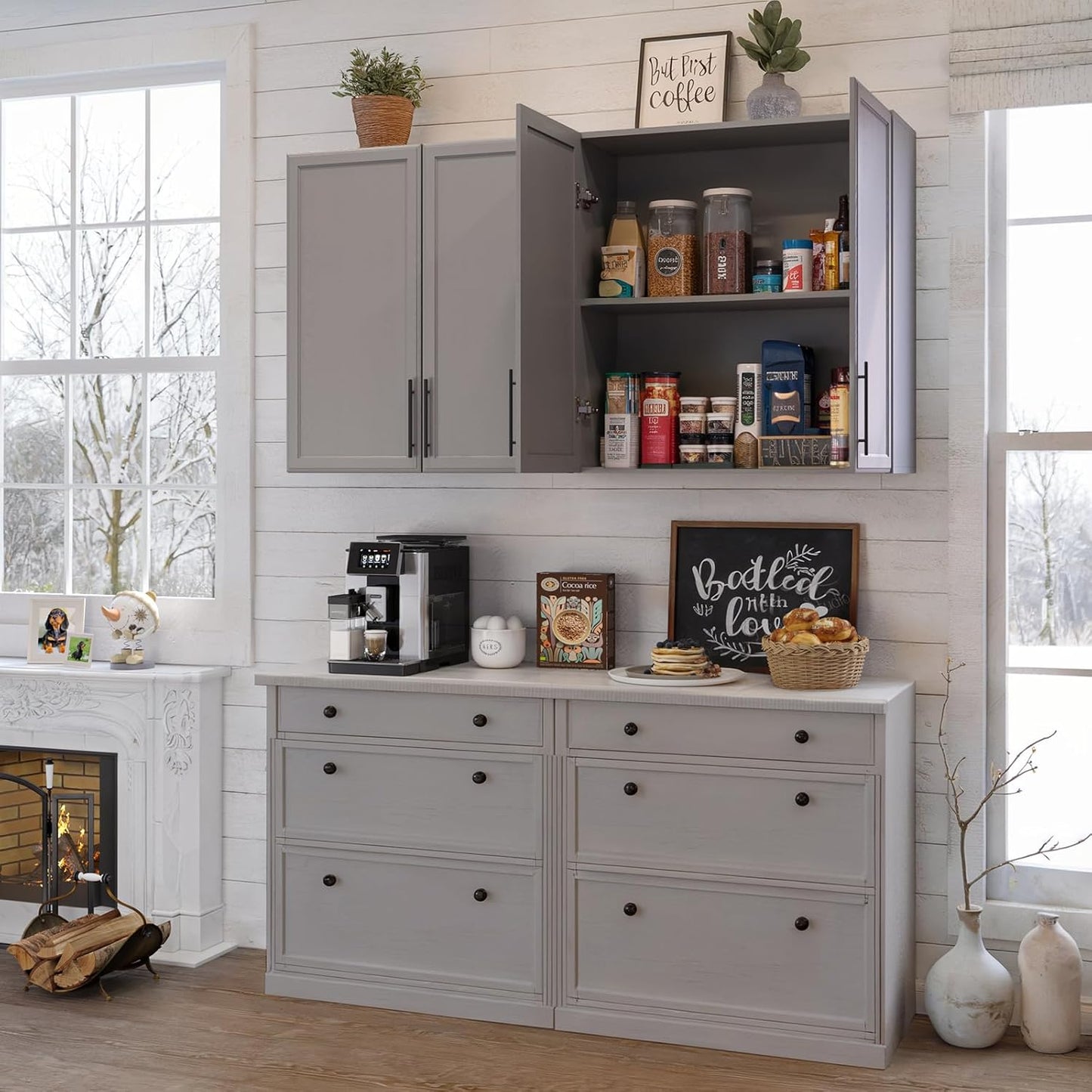 FIMELLO 59" Laundry Room Cabinets Wall Mounted, Kitchen Wall Cabinet with Adjustable Shelf, Wall Cabinets with Doors for Laundry Room, Upper Cabinets for Bathroom, Gray