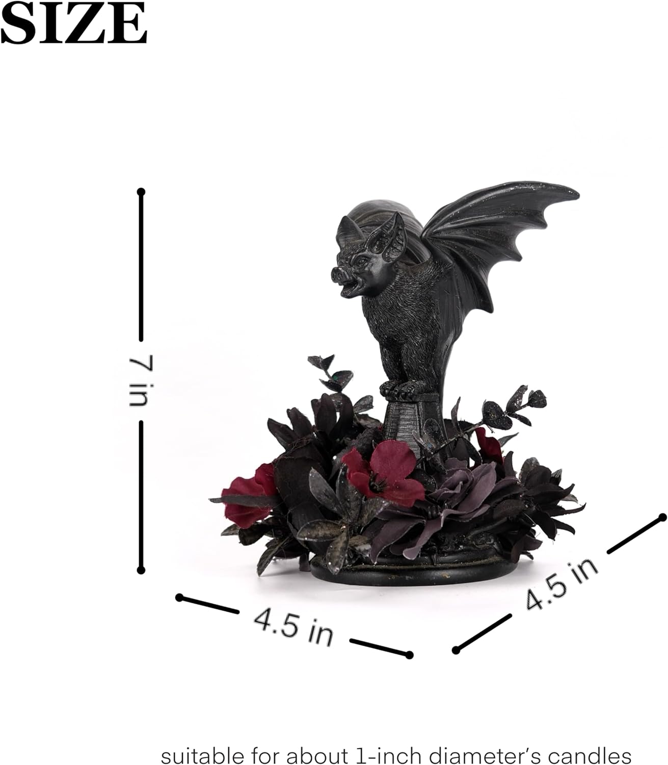 Bat Shaped Halloween Candle Holder, Black Resin Candlestick Holder with Black&Burgundy Artificial Flower, Gothic Halloween Decor for Coffee Table/Dining Table Centerpiece, 6" Height