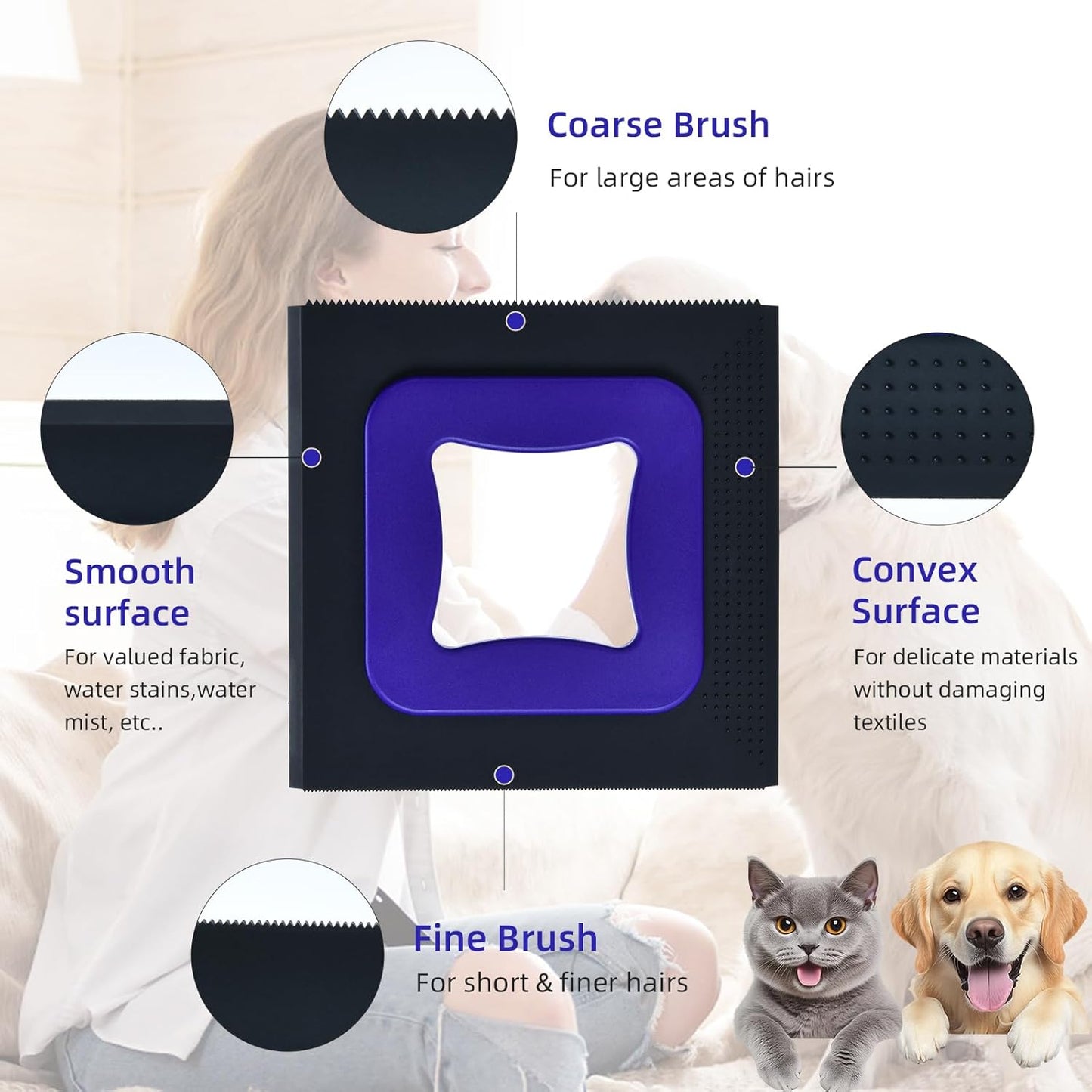 3 in 1 Mini Pet Hair Removal Tool, Dog and Cat Square Hair Remover for Car Detailing Supplies, Clothes, Couch and Carpet, Fur Cleaning Supplies for Furniture-Ergonomic and Anti-Slip, Mini Pet Supplies