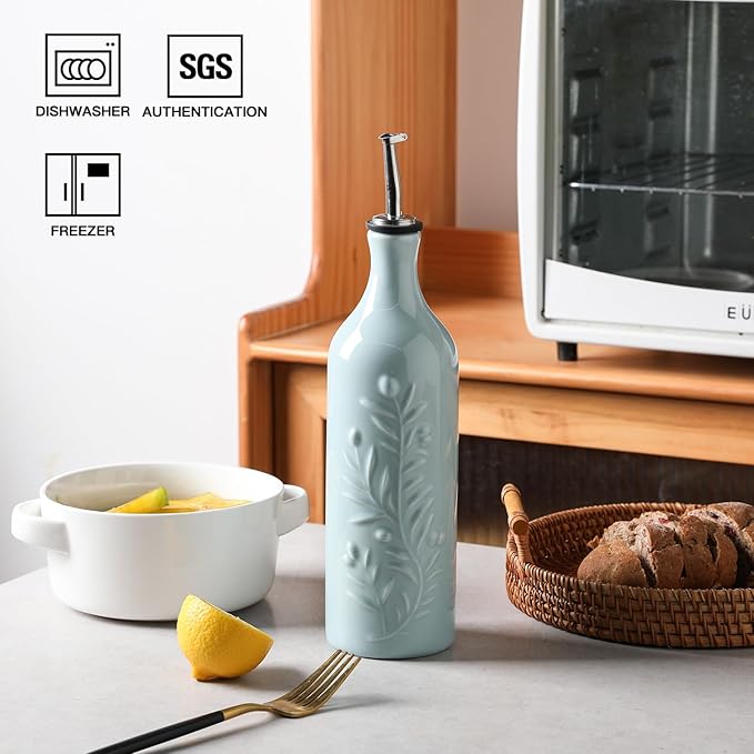 Sweejar Large Olive Oil Dispenser Bottle with Spout, 24 Oz Ceramic Oil Dispenser for Kitchen, Relief Opaque Cruet, Container for Cooking, EVOO, Vinegar, Pack of 1 (Light Blue)